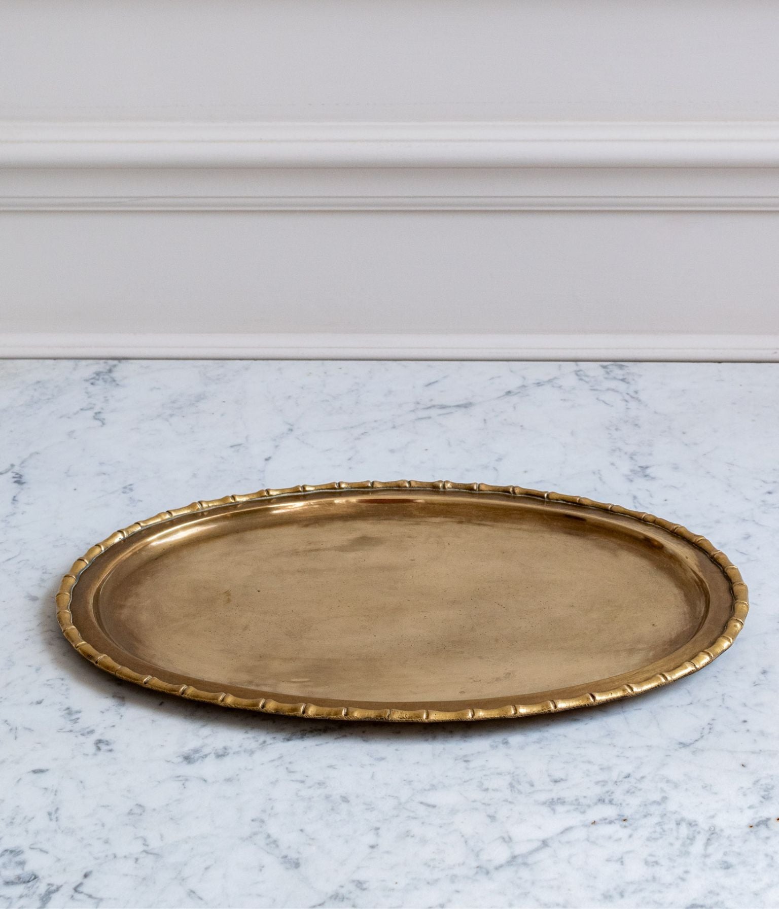 Mid-20th-Century Cast Brass Oval Tray with Bamboo-Moulded Rim