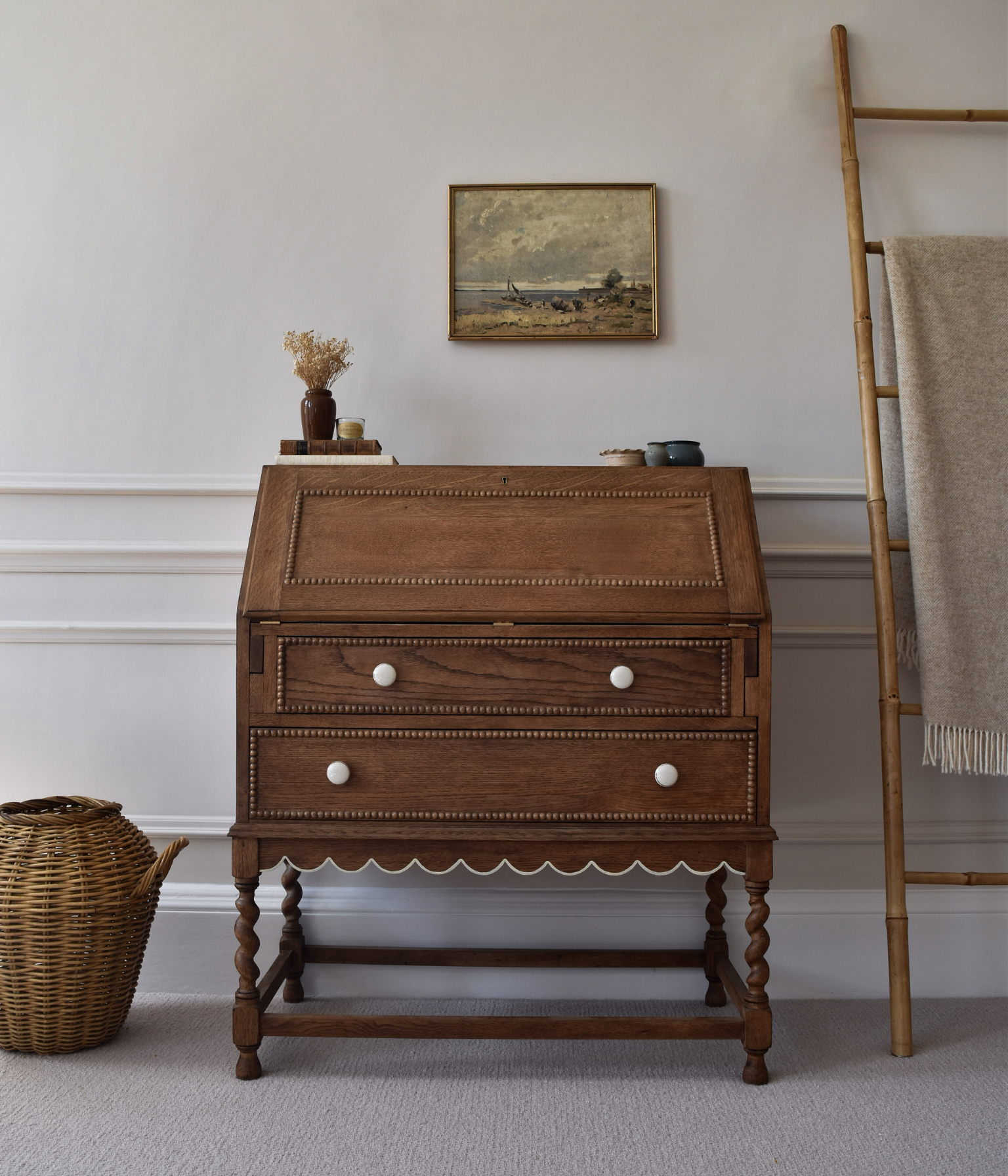 Antique Solid Oak Bureau With A Scalloped Edge & Bobbin Trim