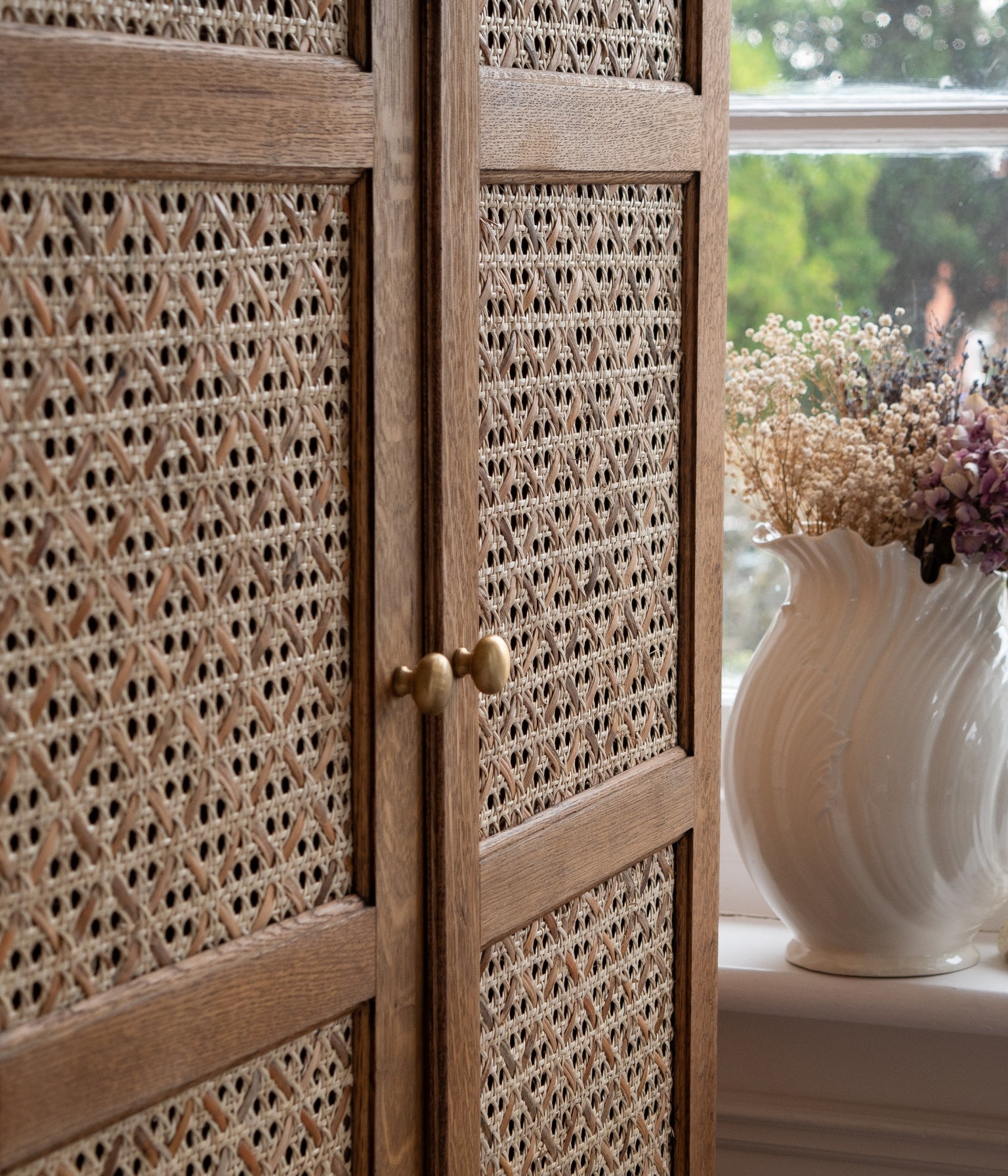 Vintage Oak Arched Wardrobe with Rattan Woven Doors In Blend #21