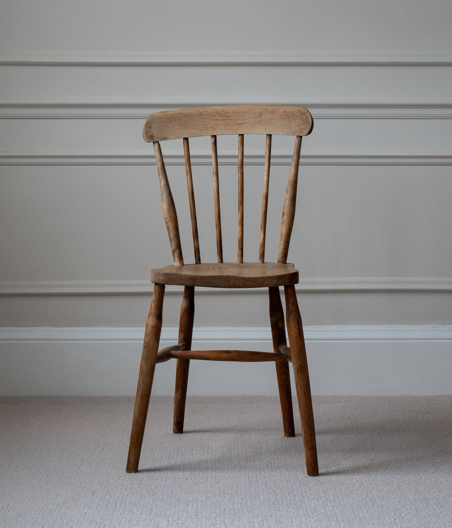 Rustic 19th-Century Stickback Side Chair in Raw Elm and Beech