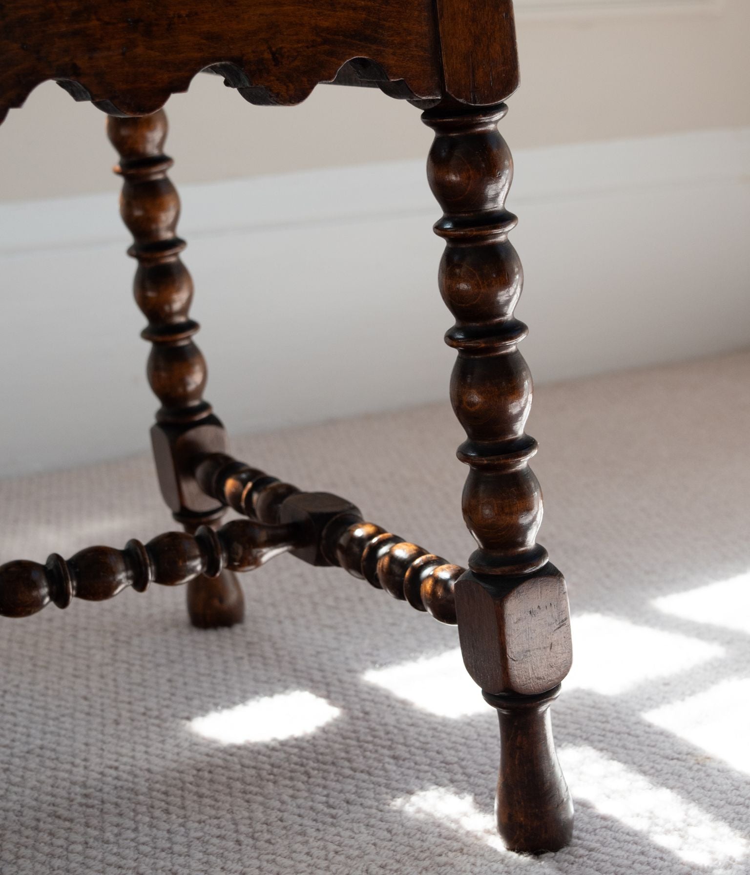 Antique Oak Bobbin Turned Footstool with a Hand Caned Seat