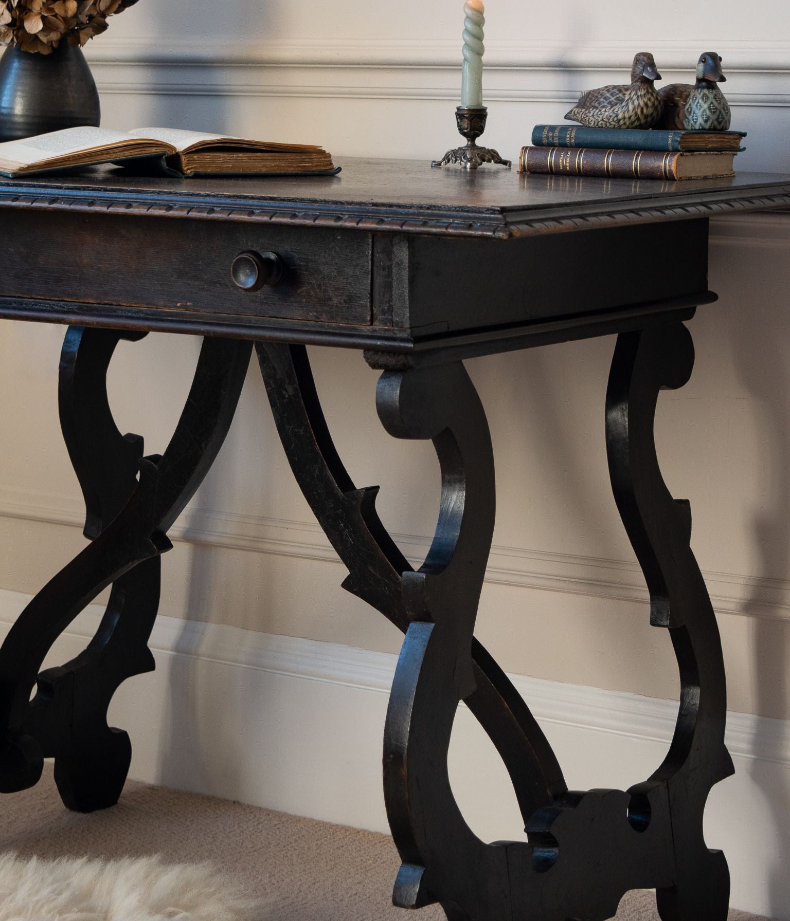 Spanish Ebonised Writing Table with Drawer, Early 20th Century