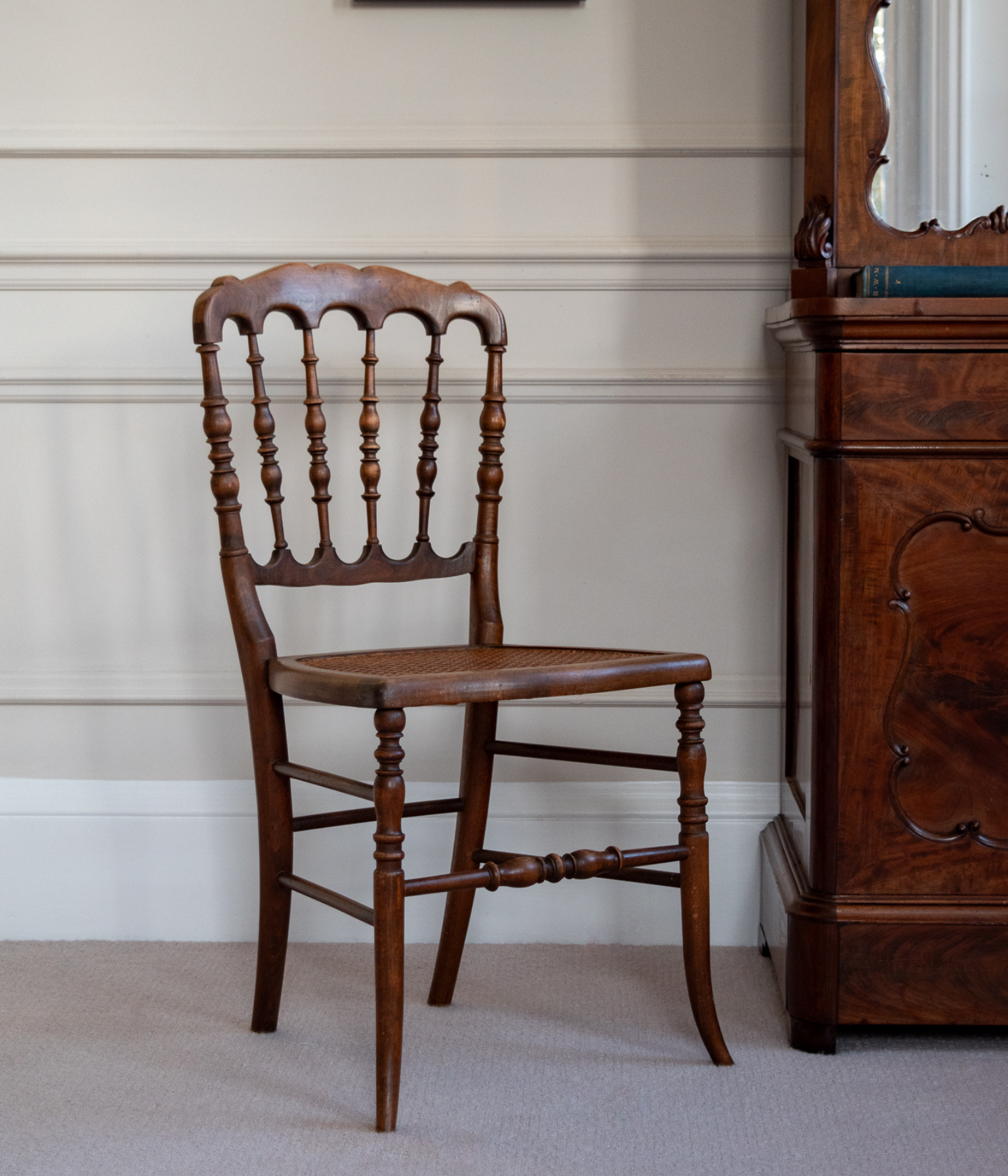 Late 19th-Century English Beech Side Chair with Caned Seat