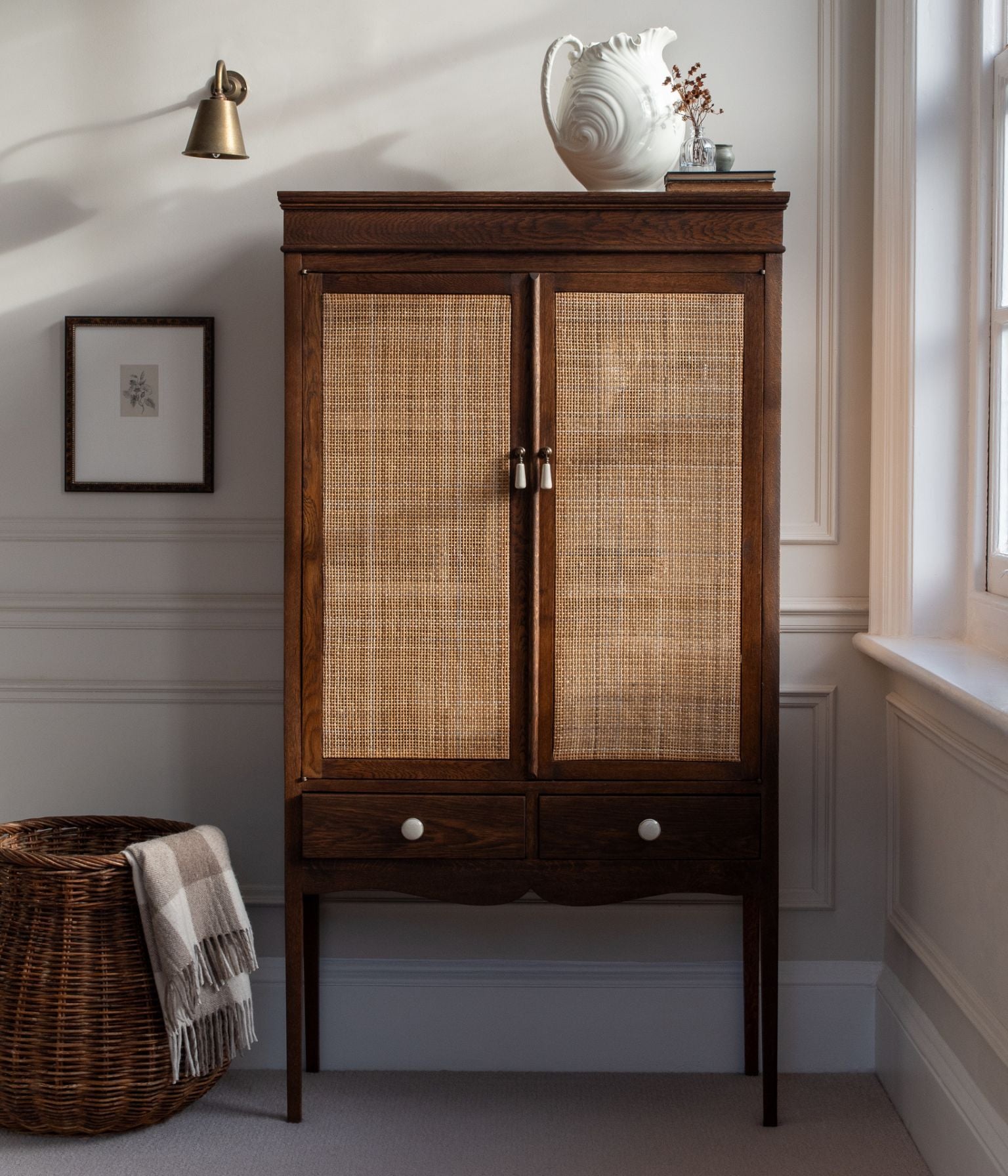 Antique Solid Oak Cabinet  In Blend #41 with Hand Woven Cane Doors