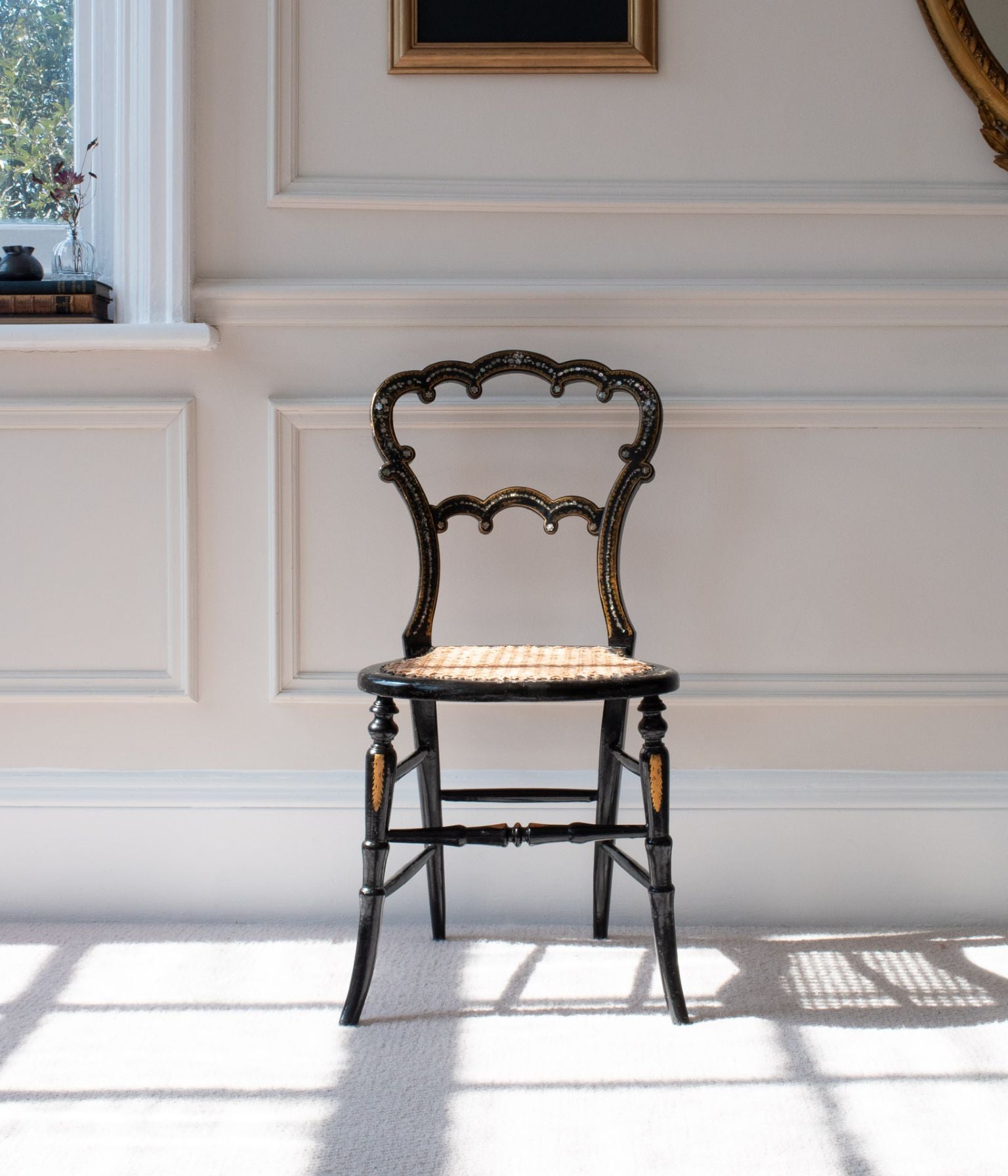 Victorian Ebonised Side Chair with Scalloped Back and Mother-of-Pearl Inlay