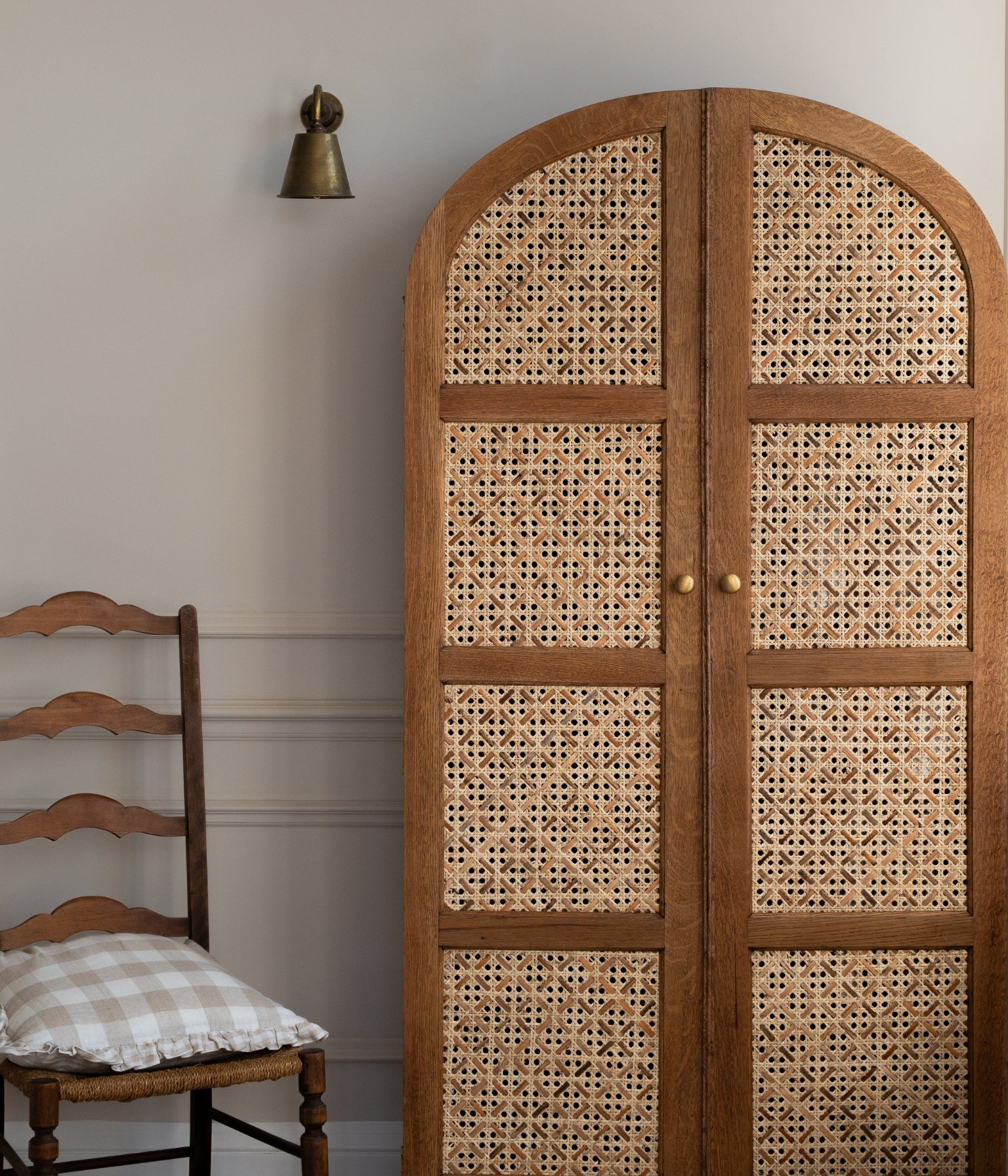 Vintage Oak Arched Wardrobe with Rattan Woven Doors In Blend #21