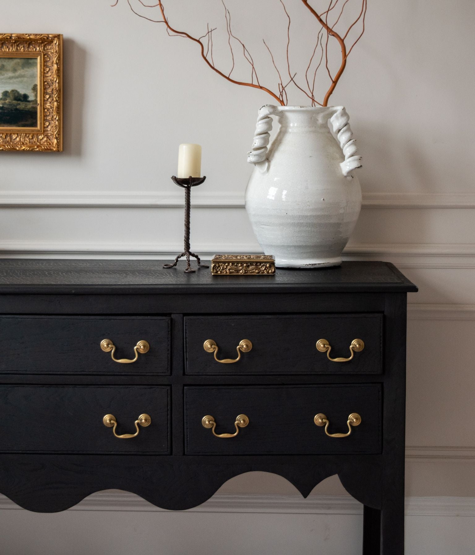 Antique Solid Oak Scalloped Credenza, Ebonised