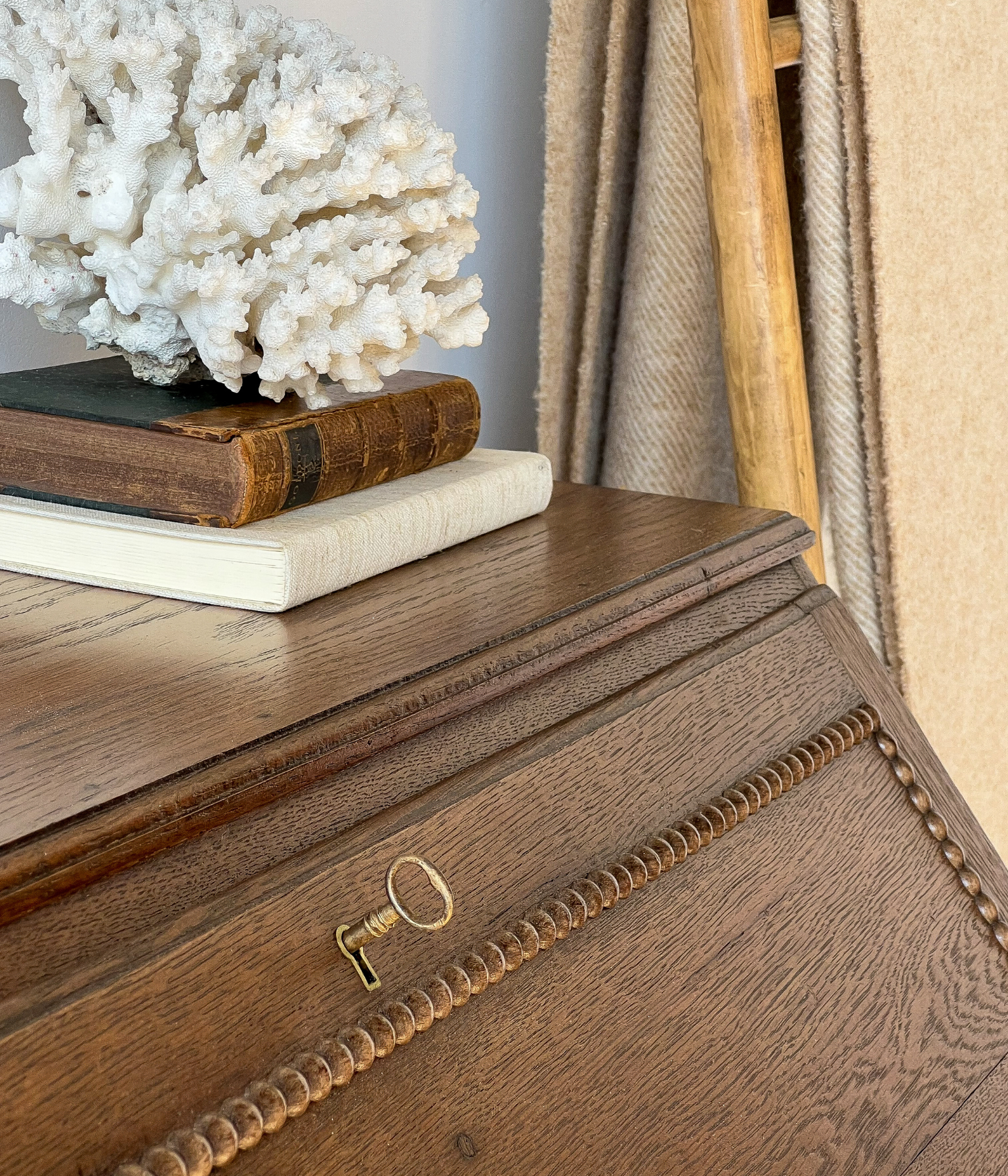 Antique Solid Oak Bureau With A Scalloped Edge & Bobbin Trim