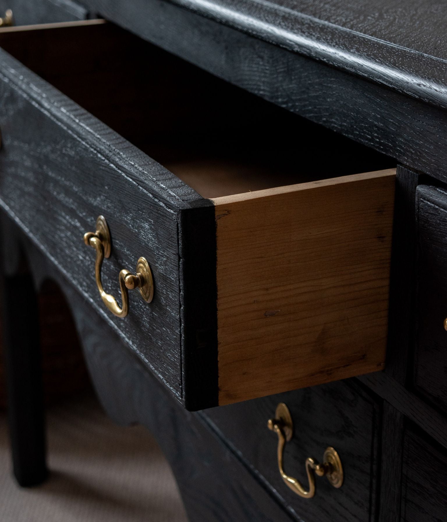 Antique Solid Oak Scalloped Credenza, Ebonised