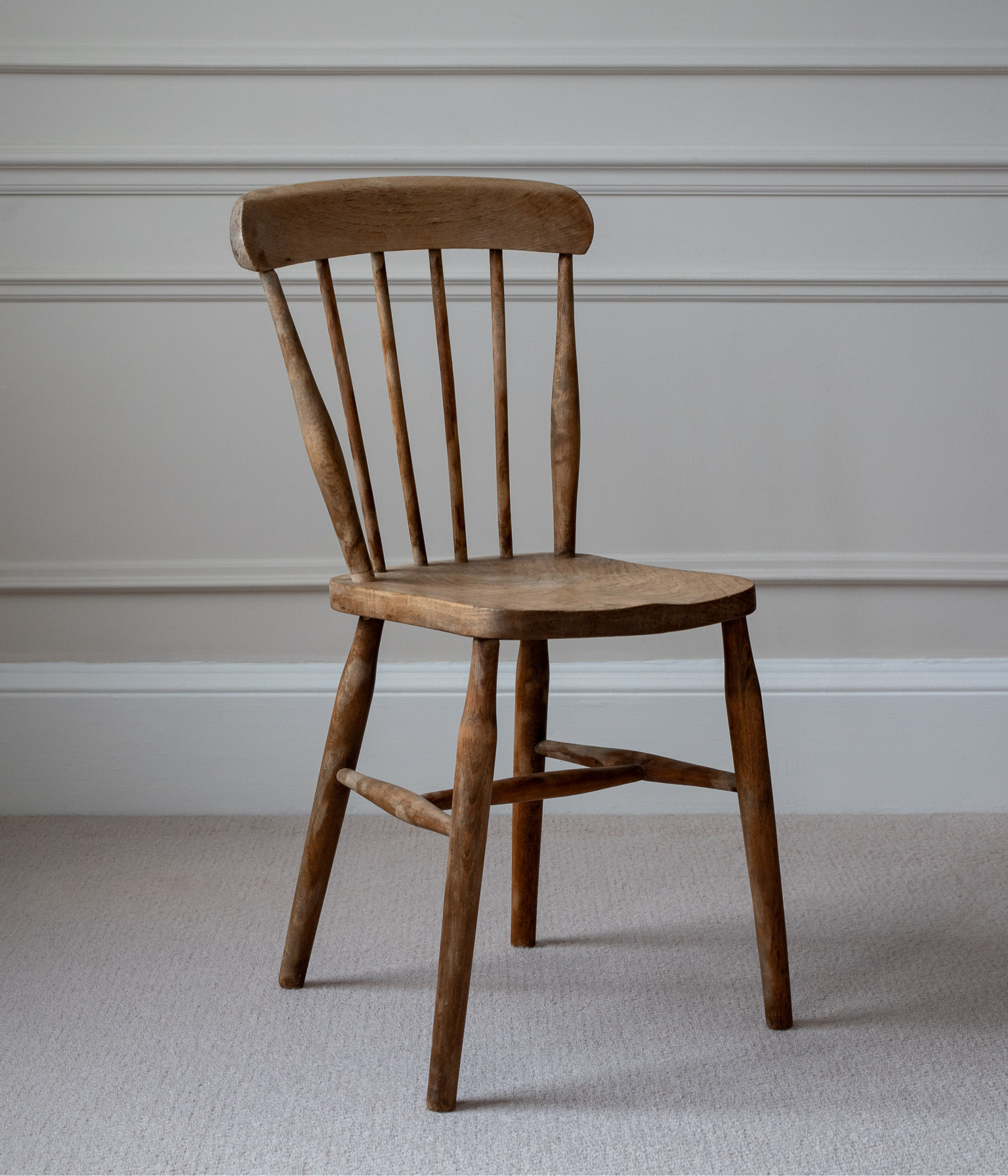 Rustic 19th-Century Stickback Side Chair in Raw Elm and Beech