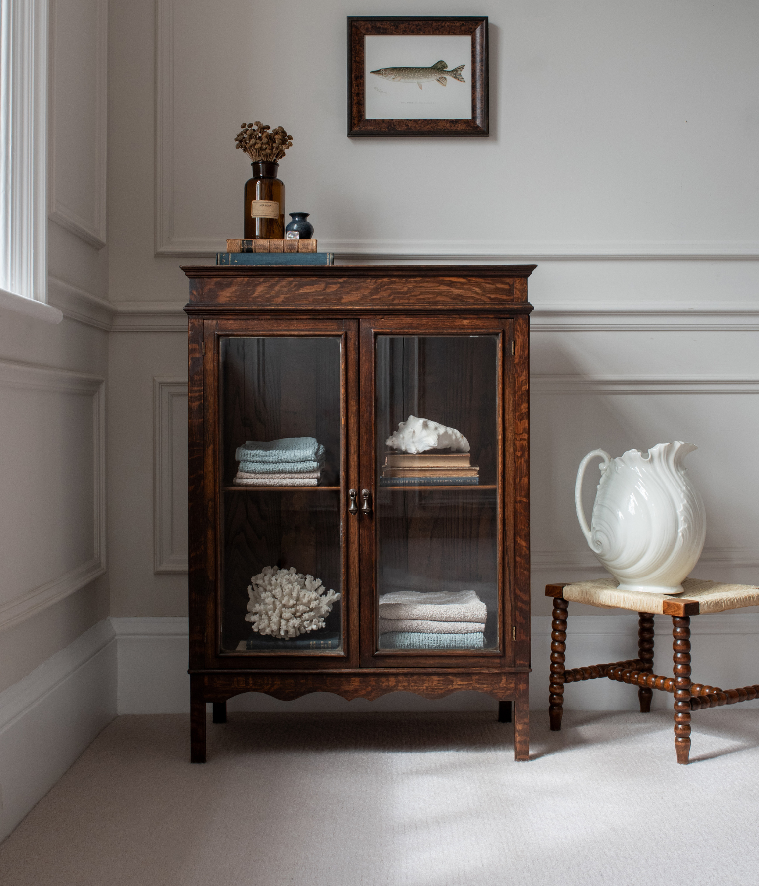 Antique Oak Display Cabinet with Original Glazing and Scalloped Apron