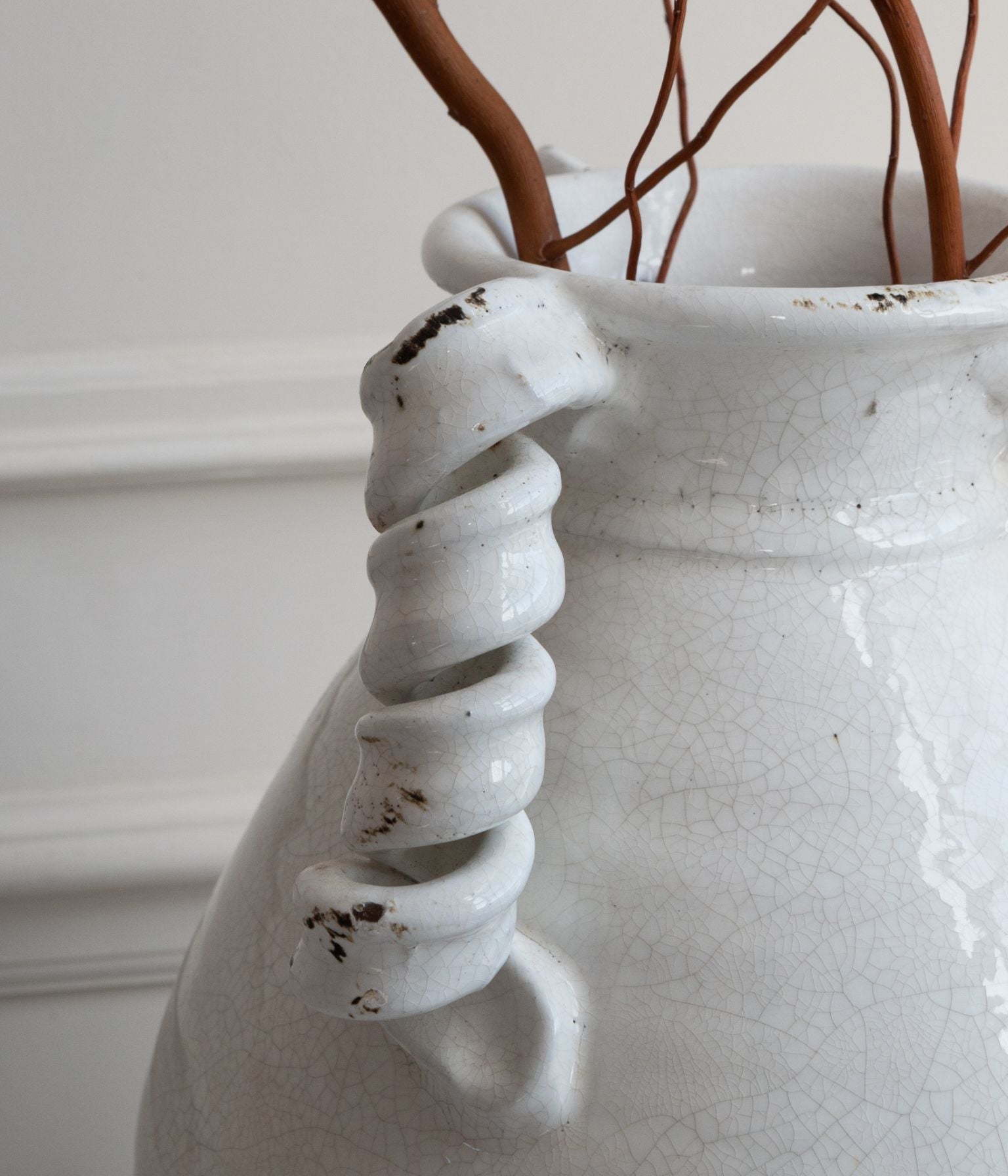 Vintage White Craquelure Ceramic Jar with Coiled Handles
