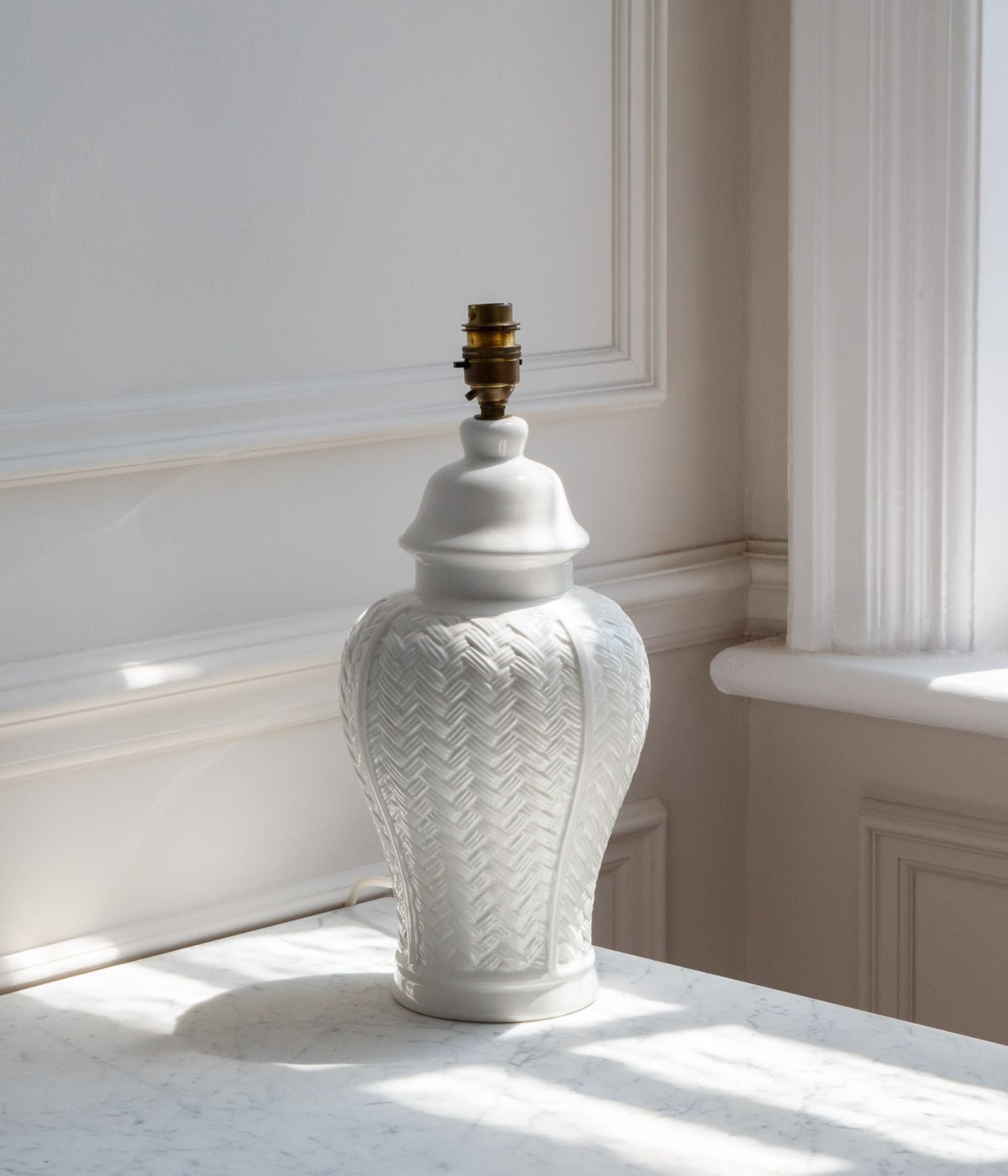 Vintage White Glazed Vase with Raised Woven Detailing