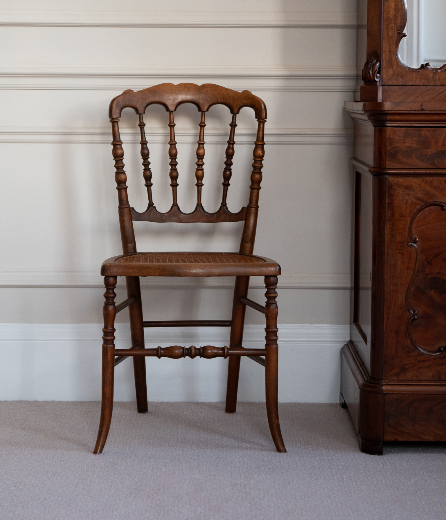 Late 19th-Century English Beech Side Chair with Caned Seat