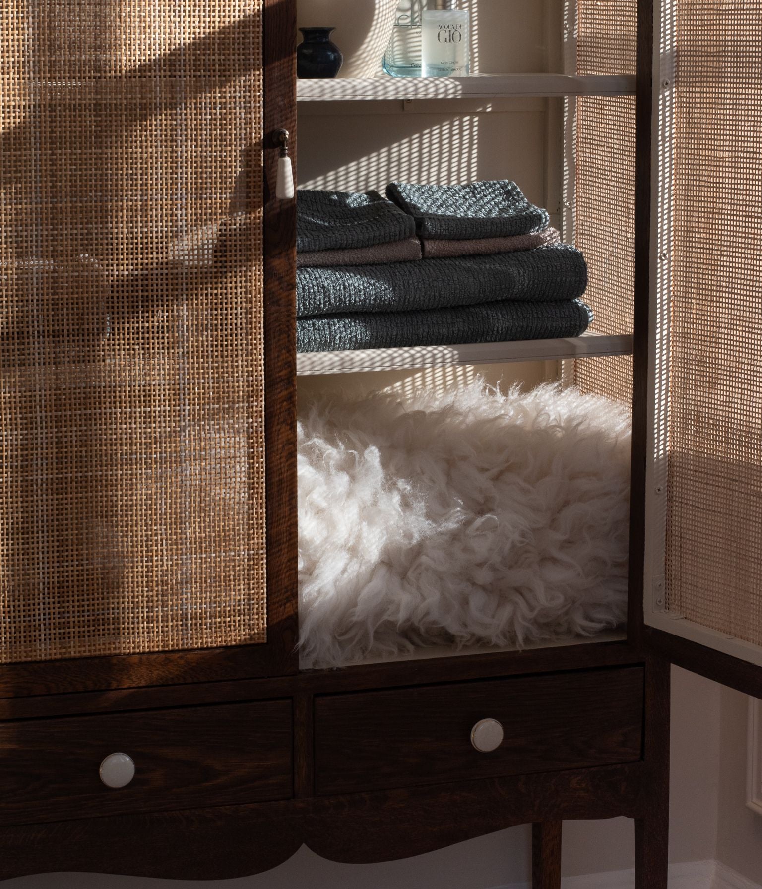 Antique Solid Oak Cabinet  In Blend #41 with Hand Woven Cane Doors