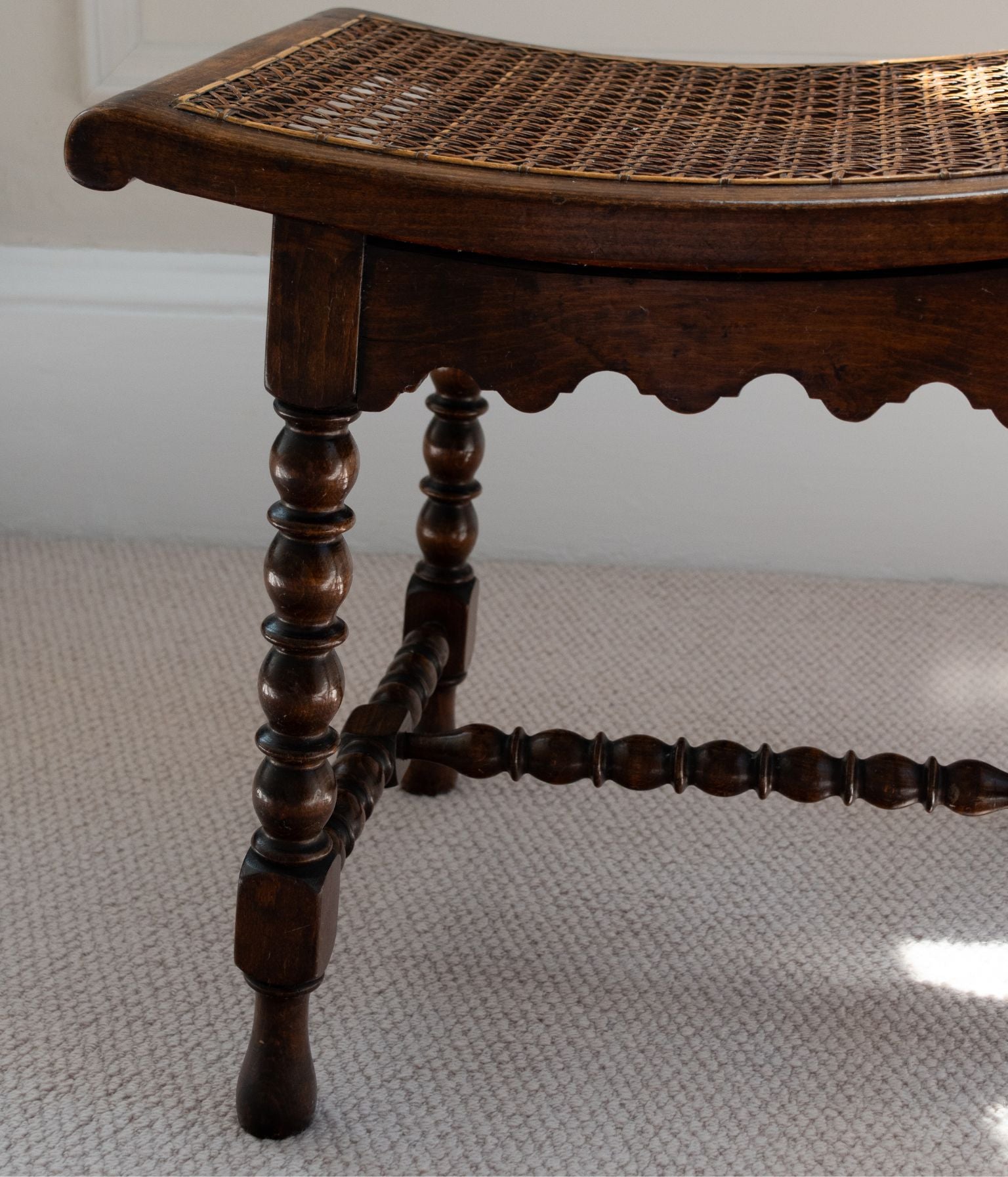 Antique Oak Bobbin Turned Footstool with a Hand Caned Seat
