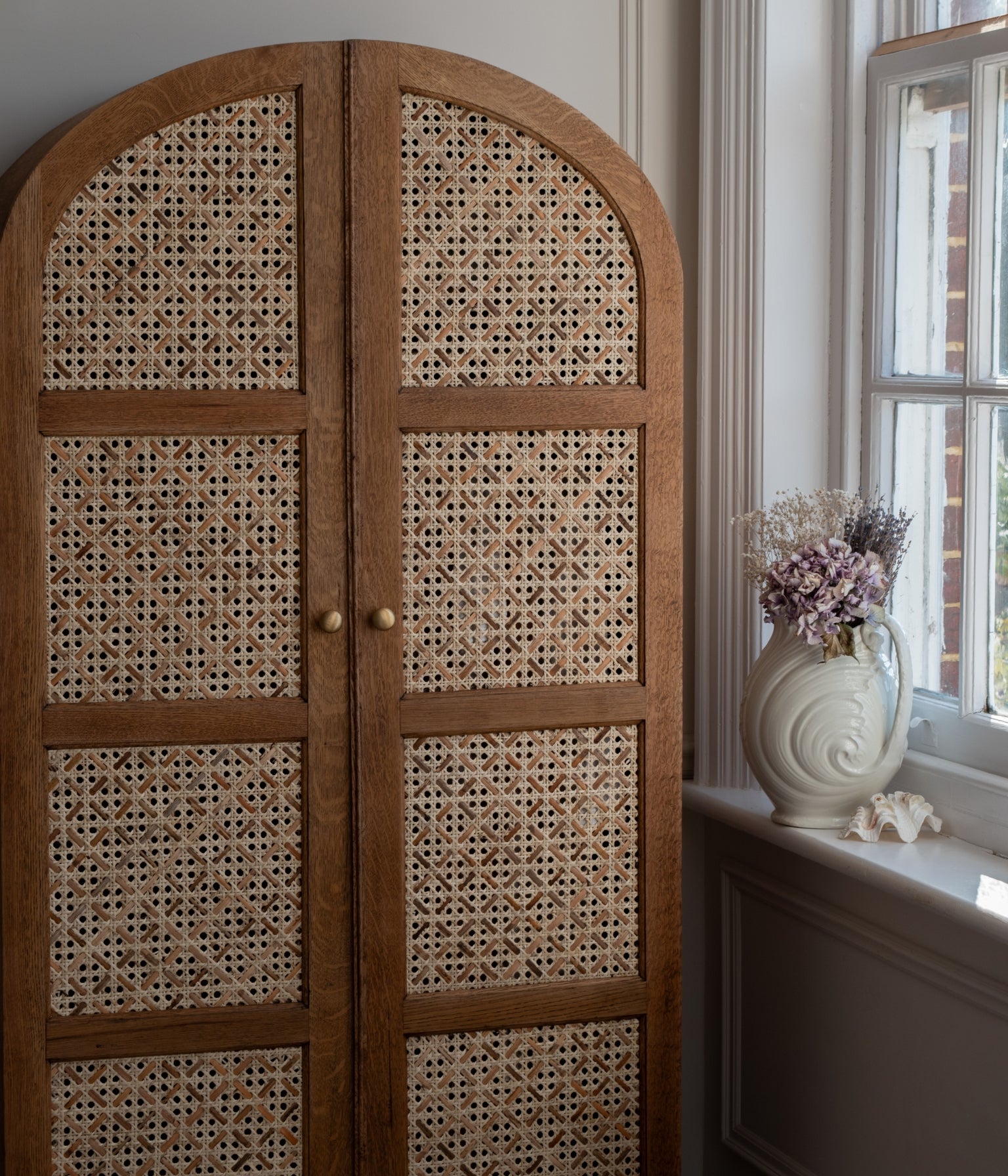 Vintage Oak Arched Wardrobe with Rattan Woven Doors In Blend #21