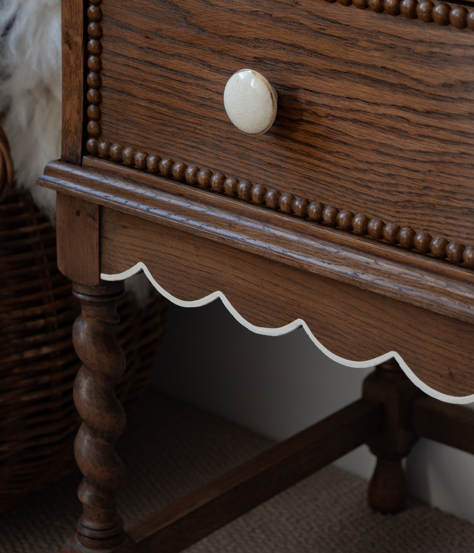 Antique Solid Oak Bureau With A Scalloped Edge & Bobbin Trim