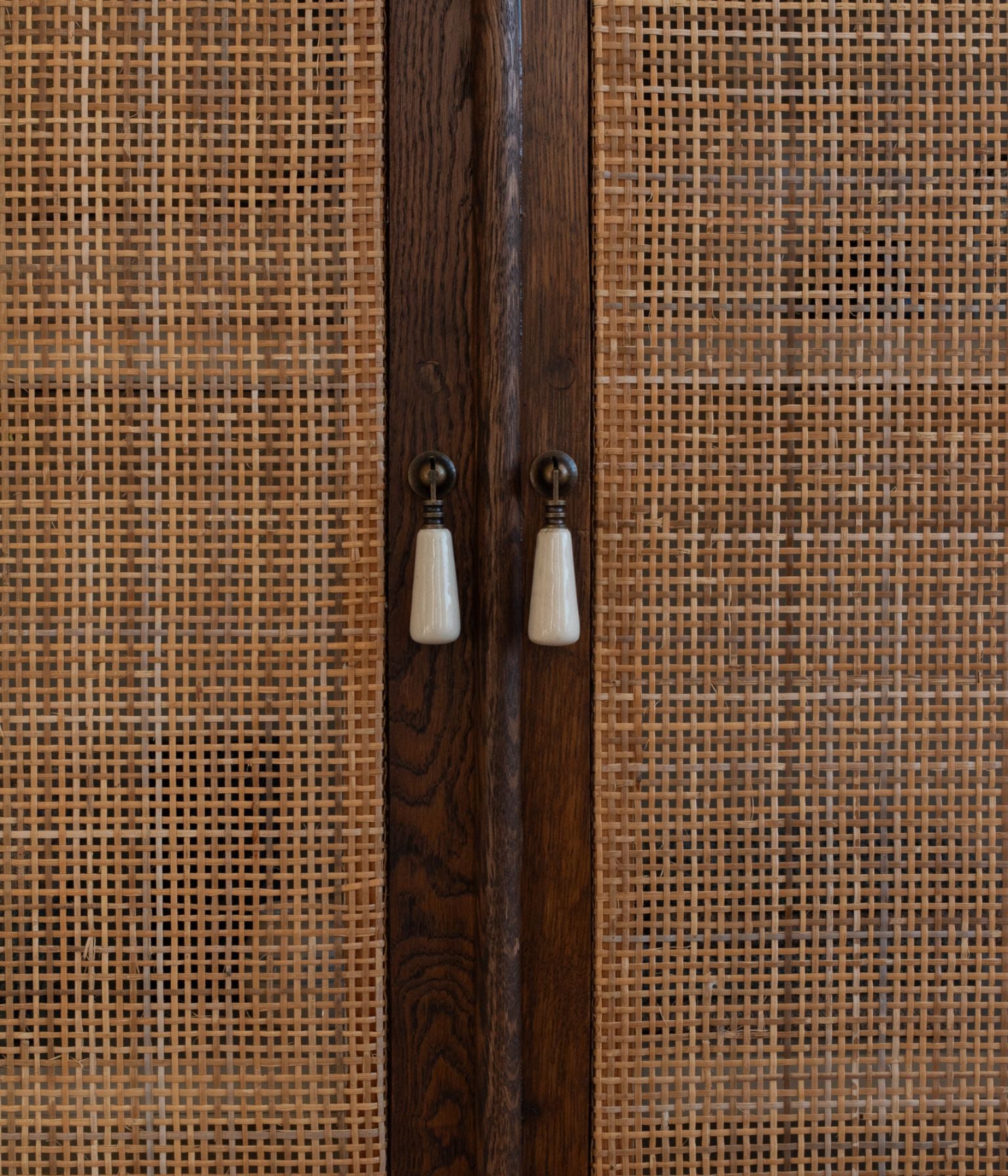 Antique Solid Oak Cabinet  In Blend #41 with Hand Woven Cane Doors