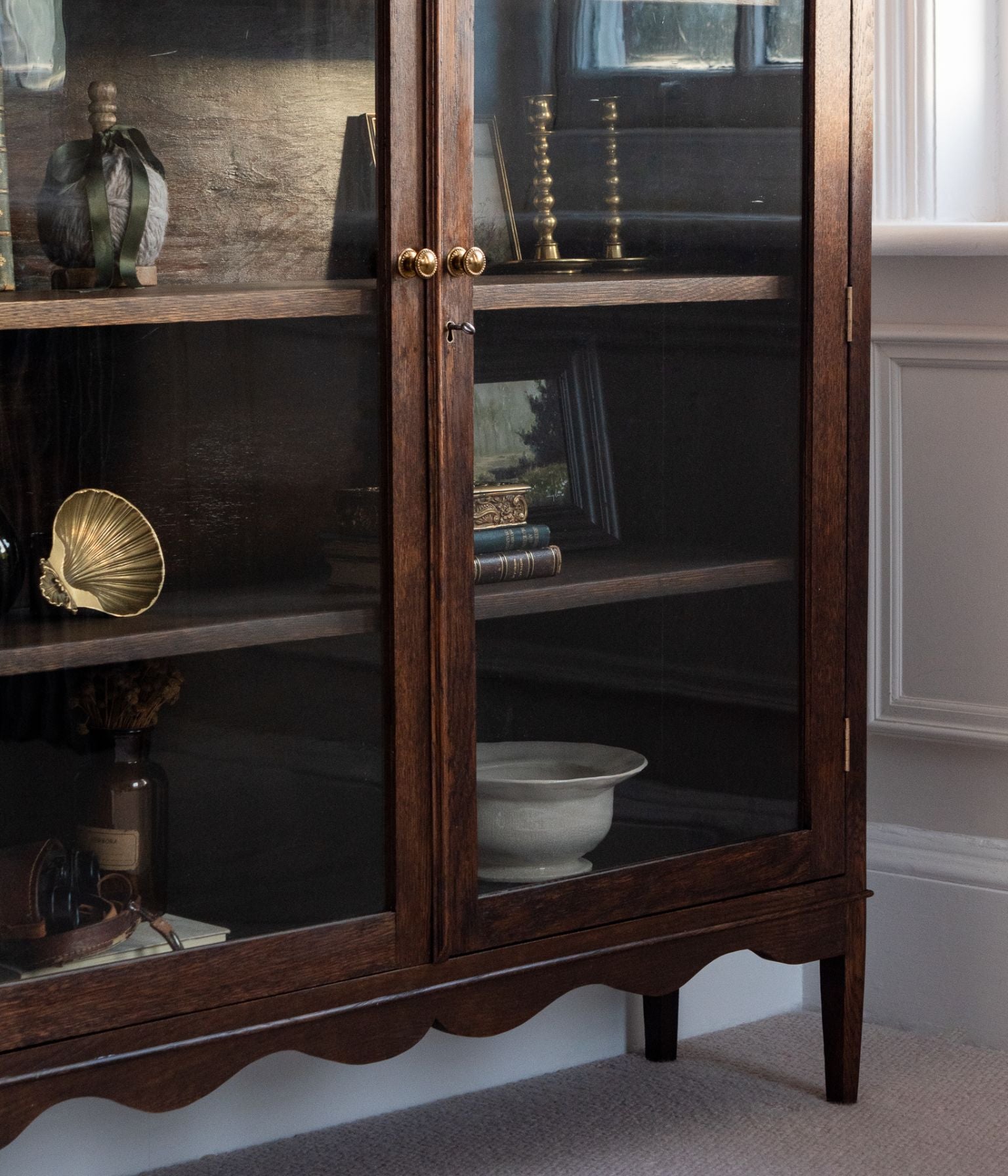 Antique Oak Display Cabinet with Original Glass Doors
