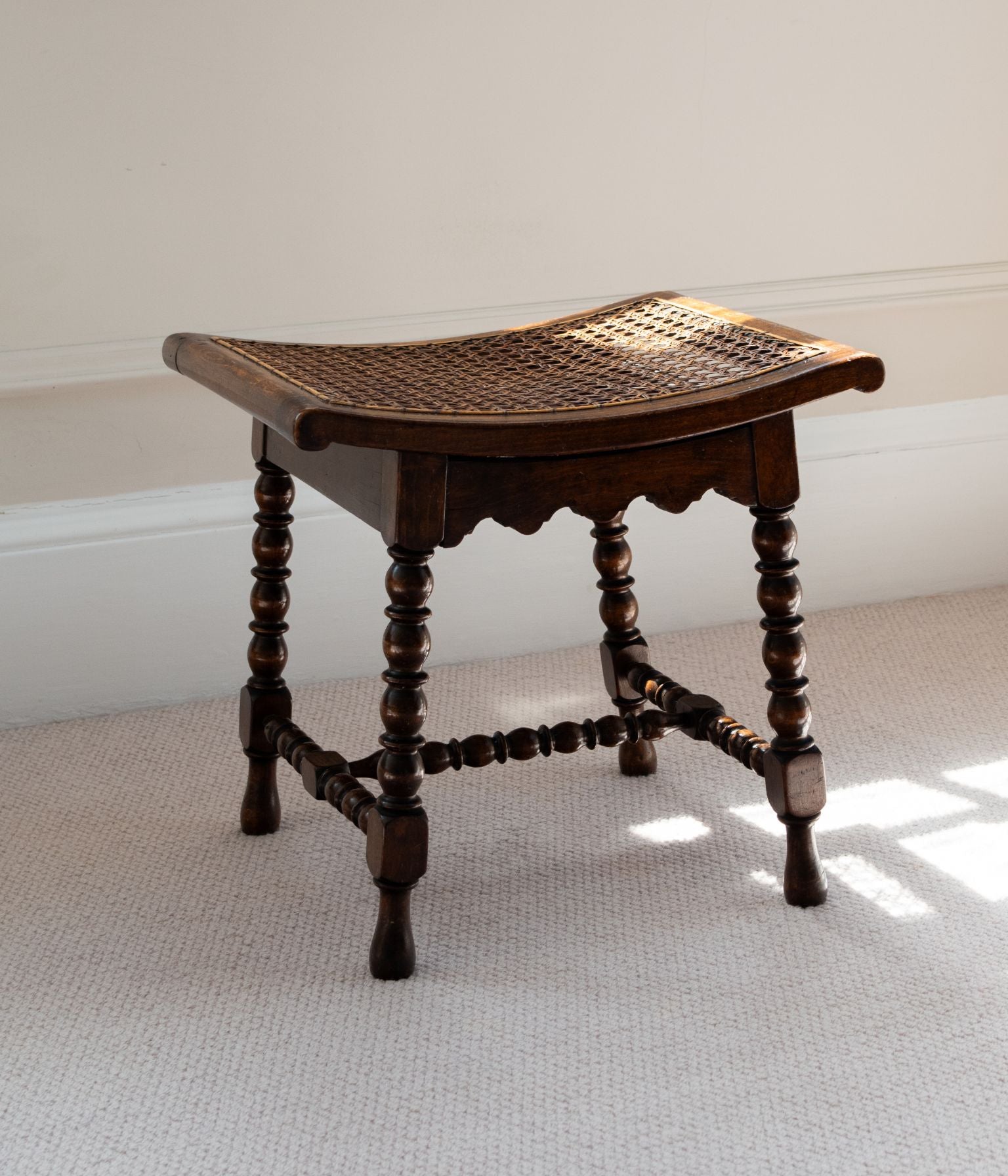 Antique Oak Bobbin Turned Footstool with a Hand Caned Seat