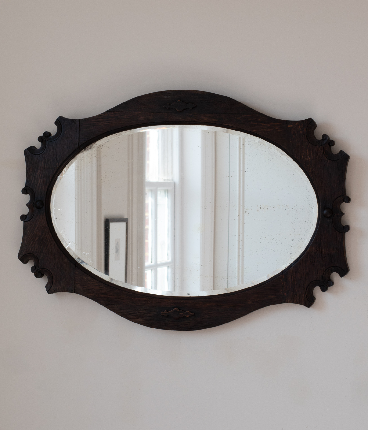 Antique Hand Carved Oak Oval Wall Mirror