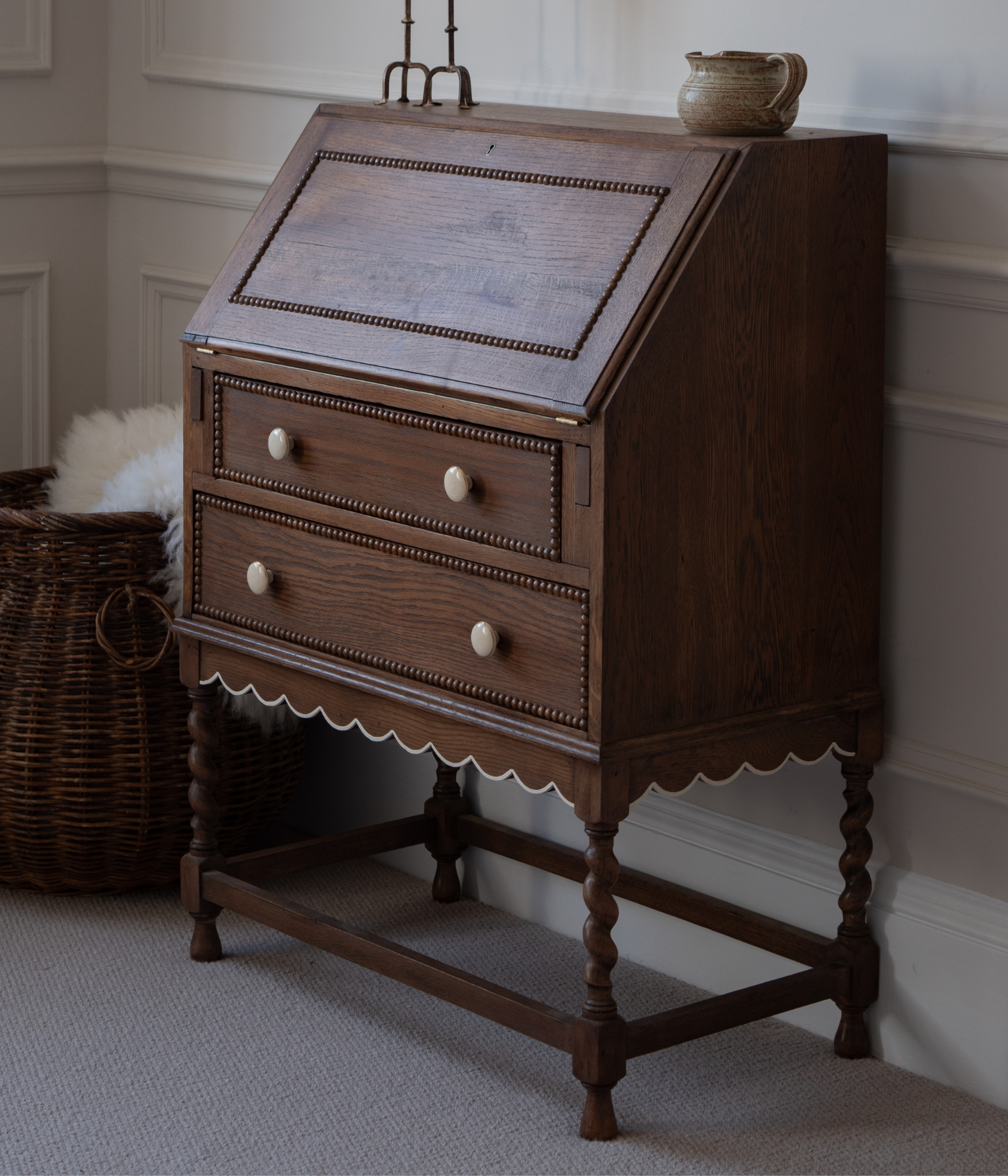 Antique Solid Oak Bureau With A Scalloped Edge & Bobbin Trim