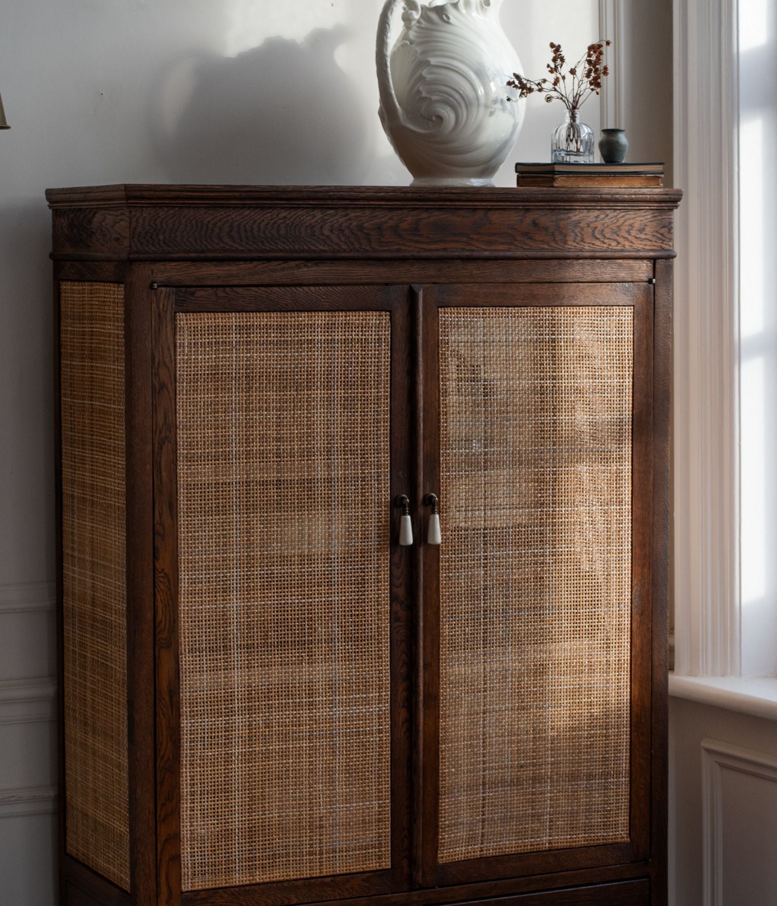Antique Solid Oak Cabinet  In Blend #41 with Hand Woven Cane Doors