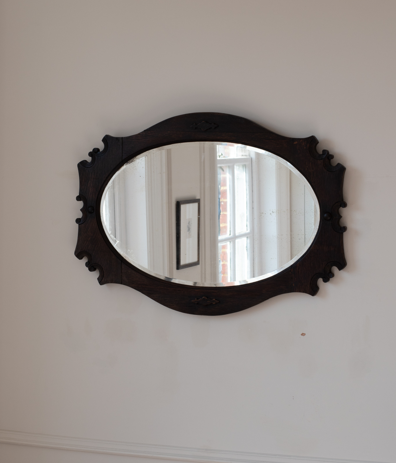 Antique Hand Carved Oak Oval Wall Mirror