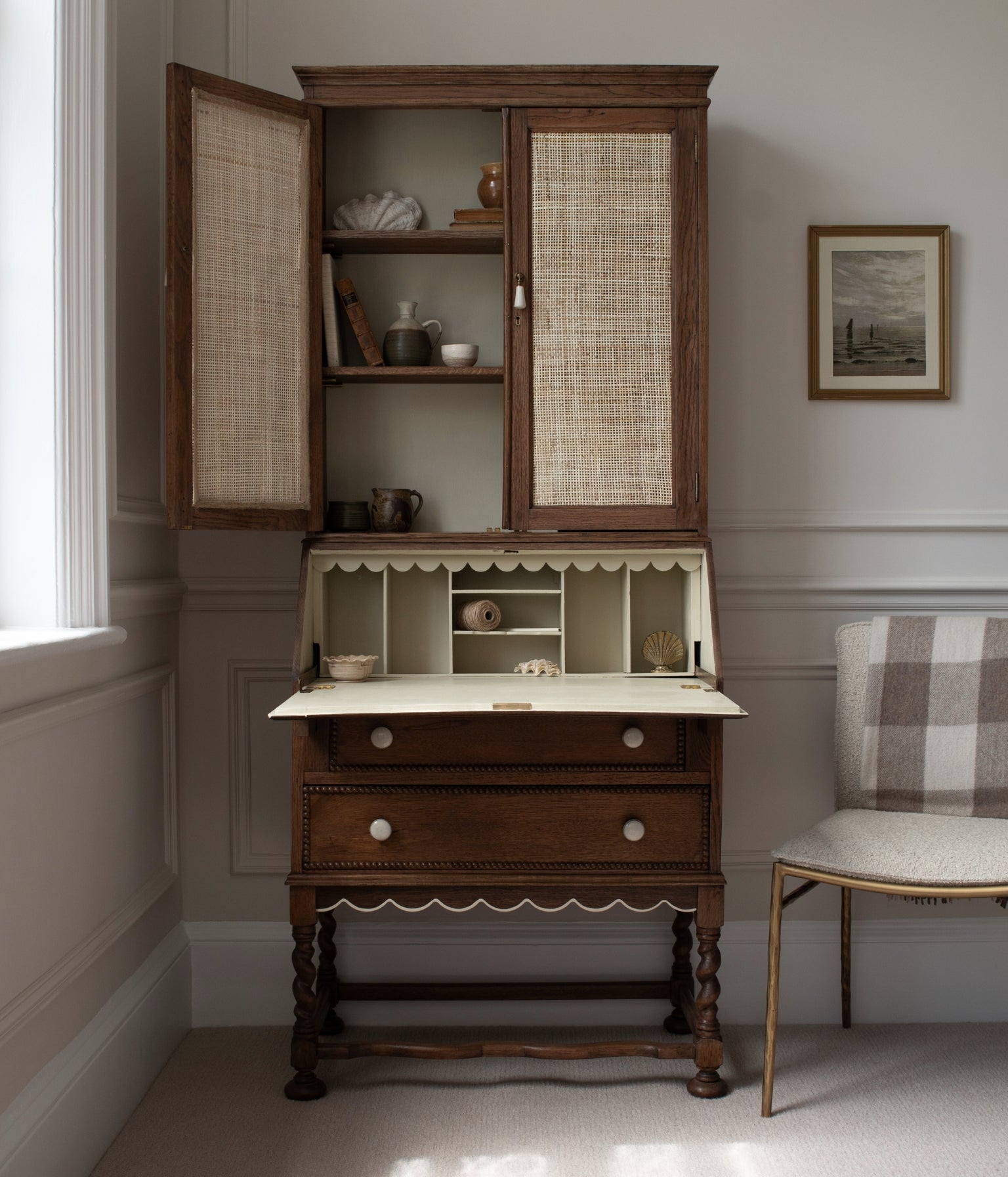 Antique Solid Oak Library Bookcase Bureau with Scalloped Edge, Bobbin Trim & Rattan Doors