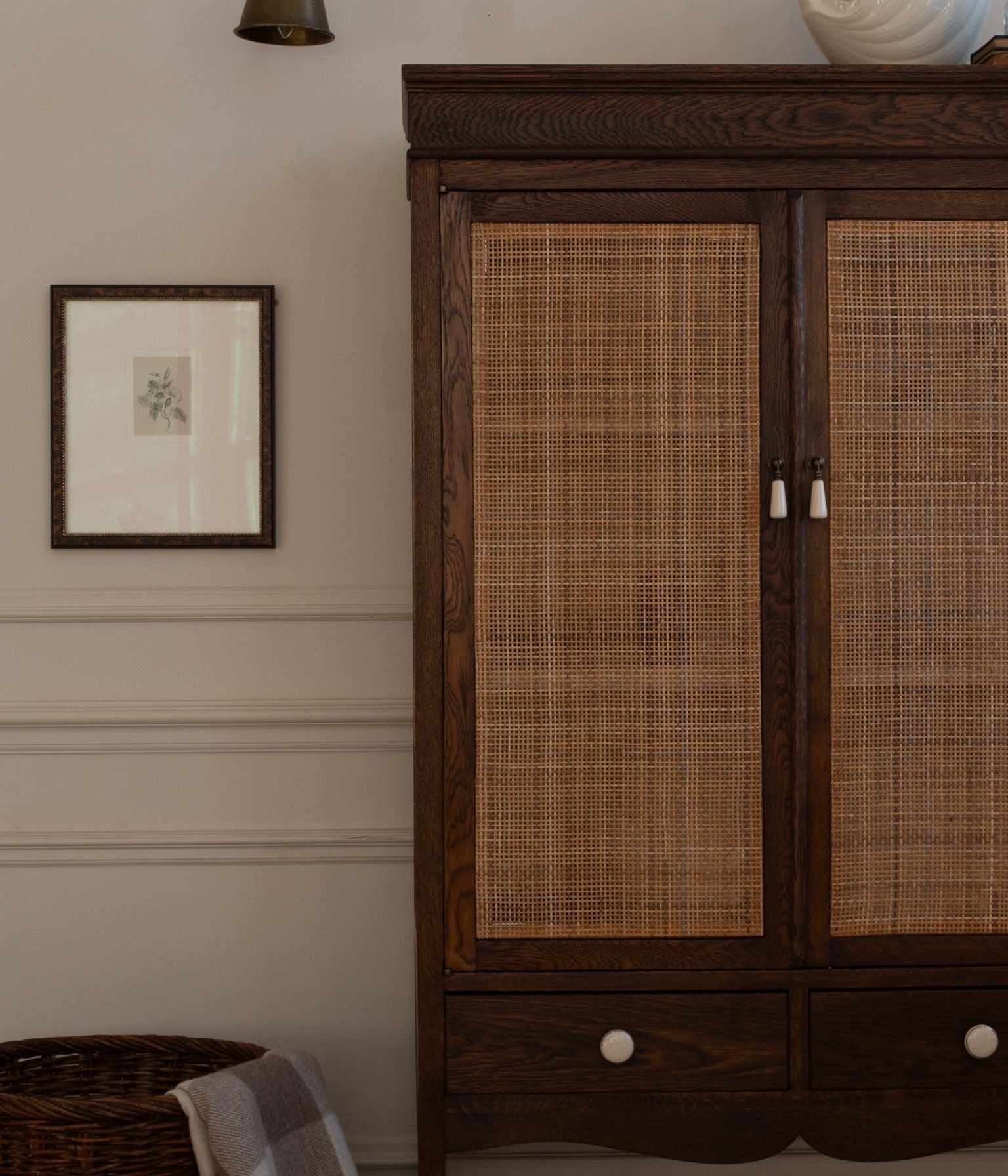 Antique Solid Oak Cabinet  In Blend #41 with Hand Woven Cane Doors