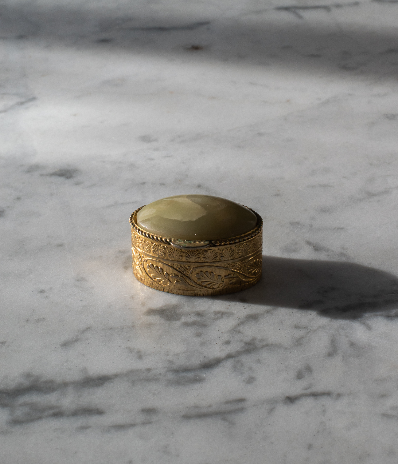 Vintage Gilt Trinket Box with Onyx Cabochon Lid