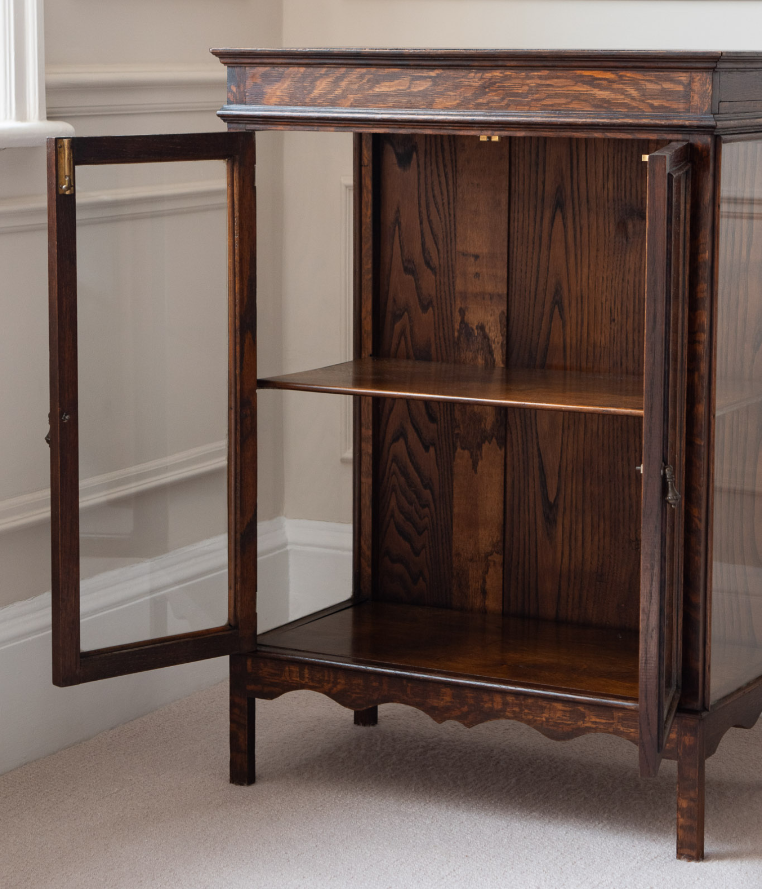 Antique Oak Display Cabinet with Original Glazing and Scalloped Apron