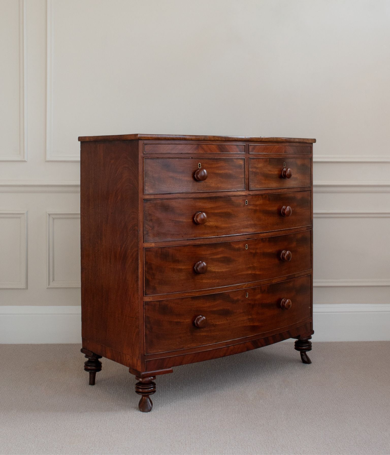 Georgian Mahogany Bow-Front Chest of Drawers with Original Knobs