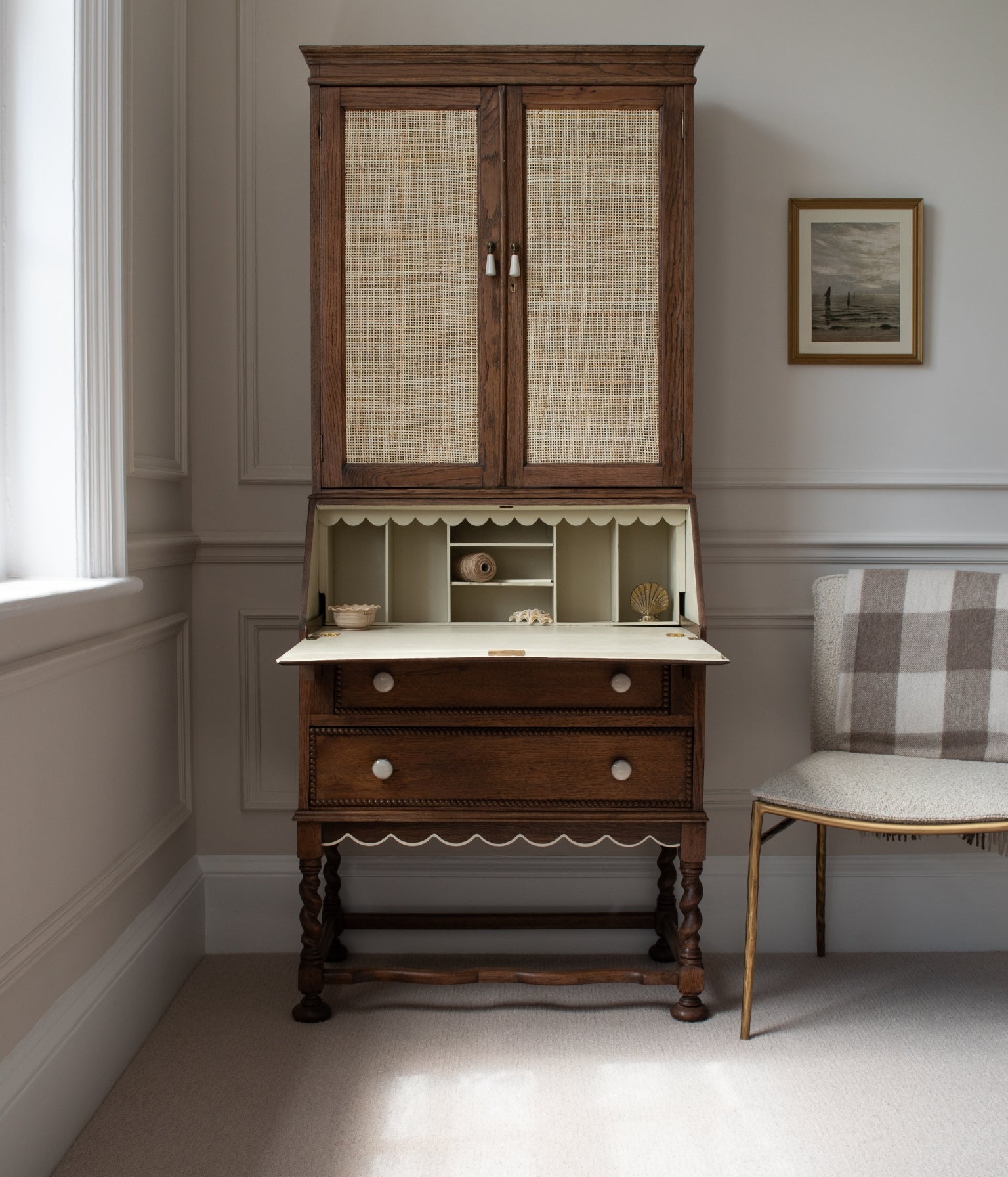 Antique Solid Oak Library Bookcase Bureau with Scalloped Edge, Bobbin Trim & Rattan Doors