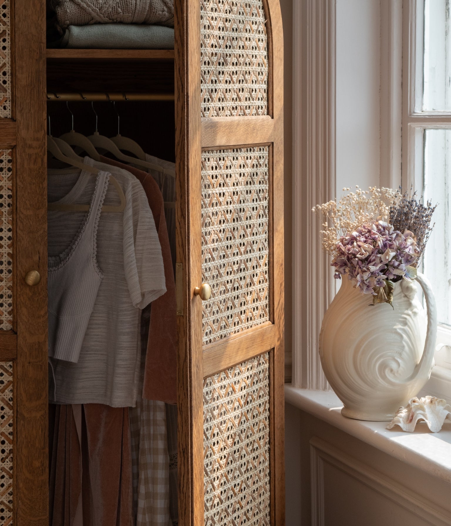 Vintage Oak Arched Wardrobe with Rattan Woven Doors In Blend #21