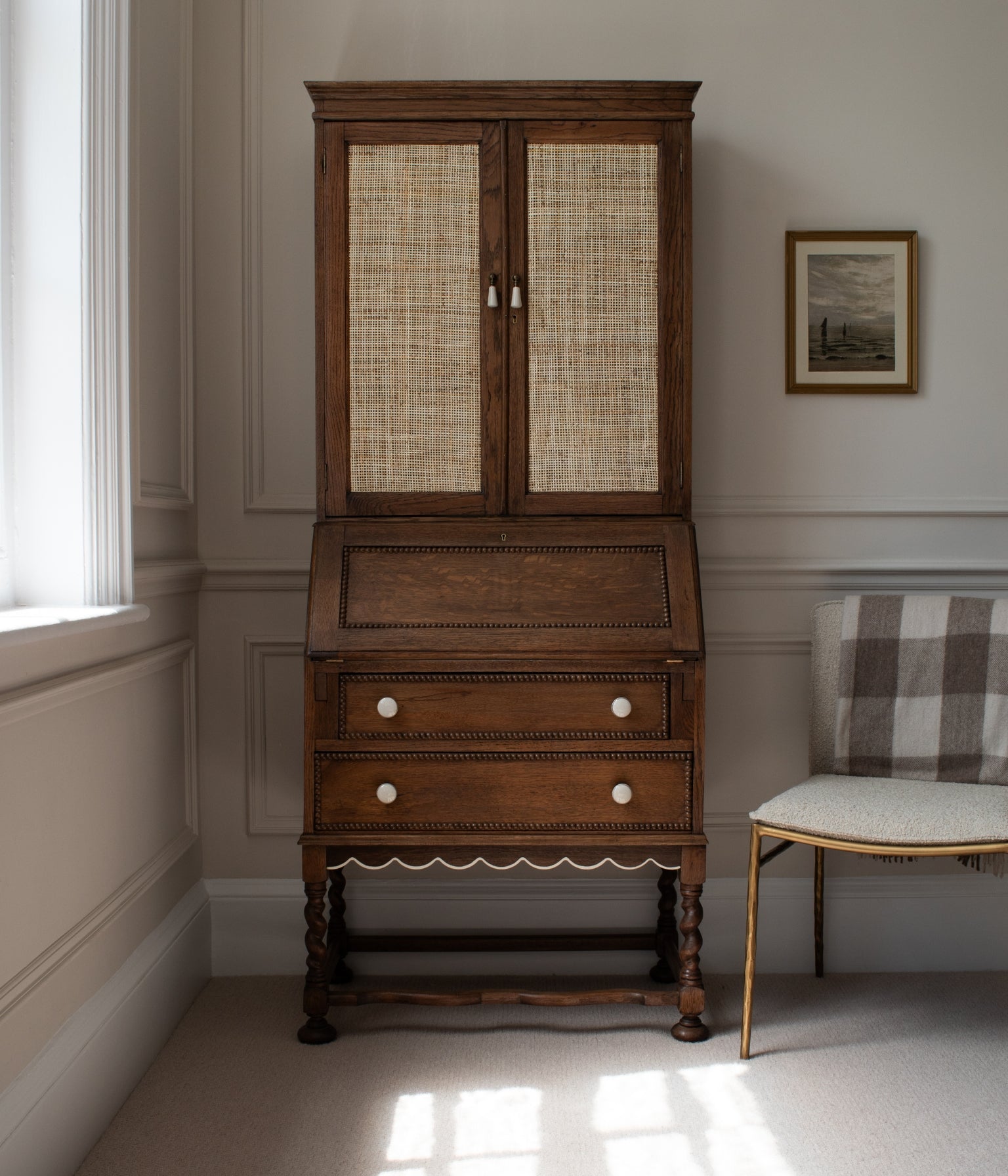 Antique Solid Oak Library Bookcase Bureau with Scalloped Edge, Bobbin Trim & Rattan Doors