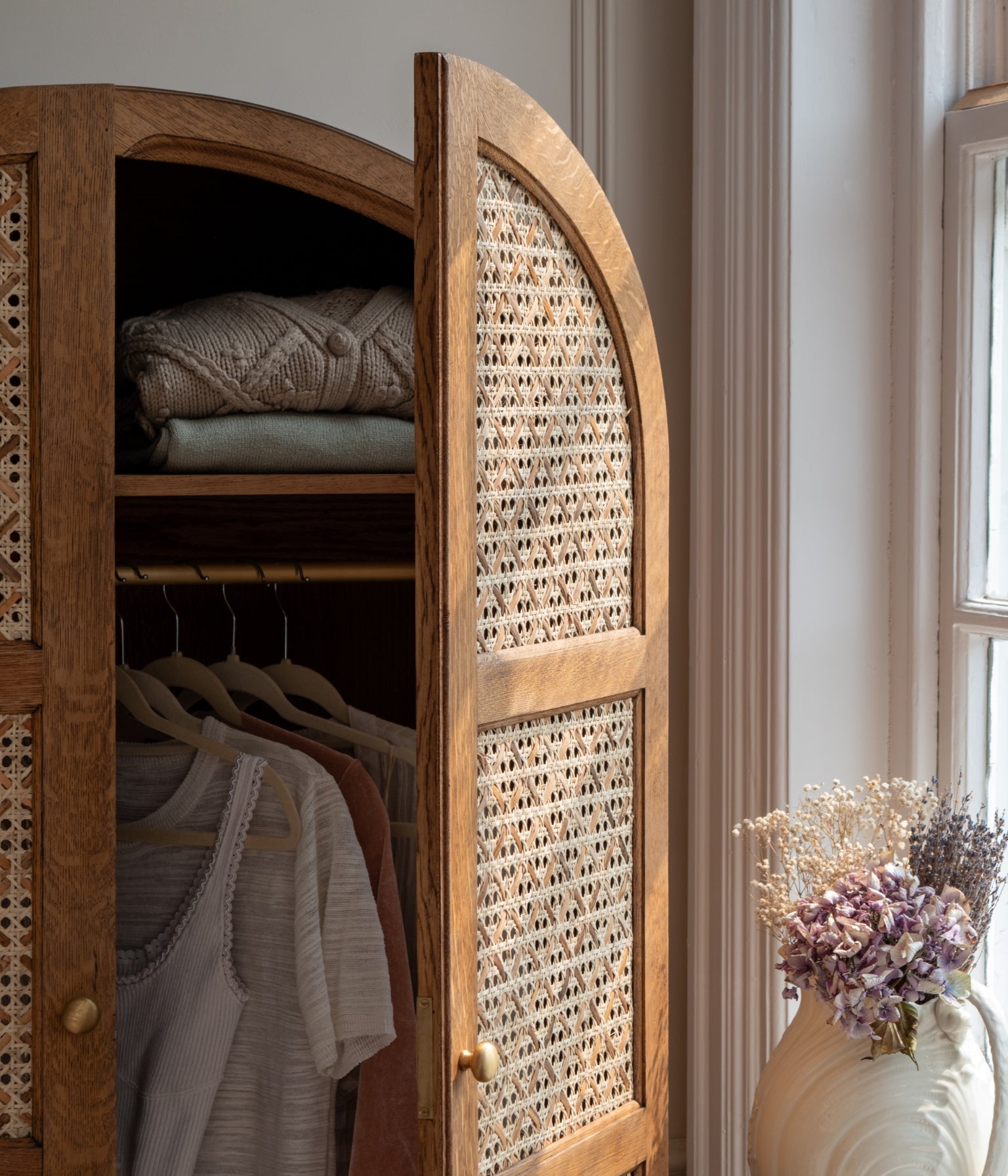 Vintage Oak Arched Wardrobe with Rattan Woven Doors In Blend #21