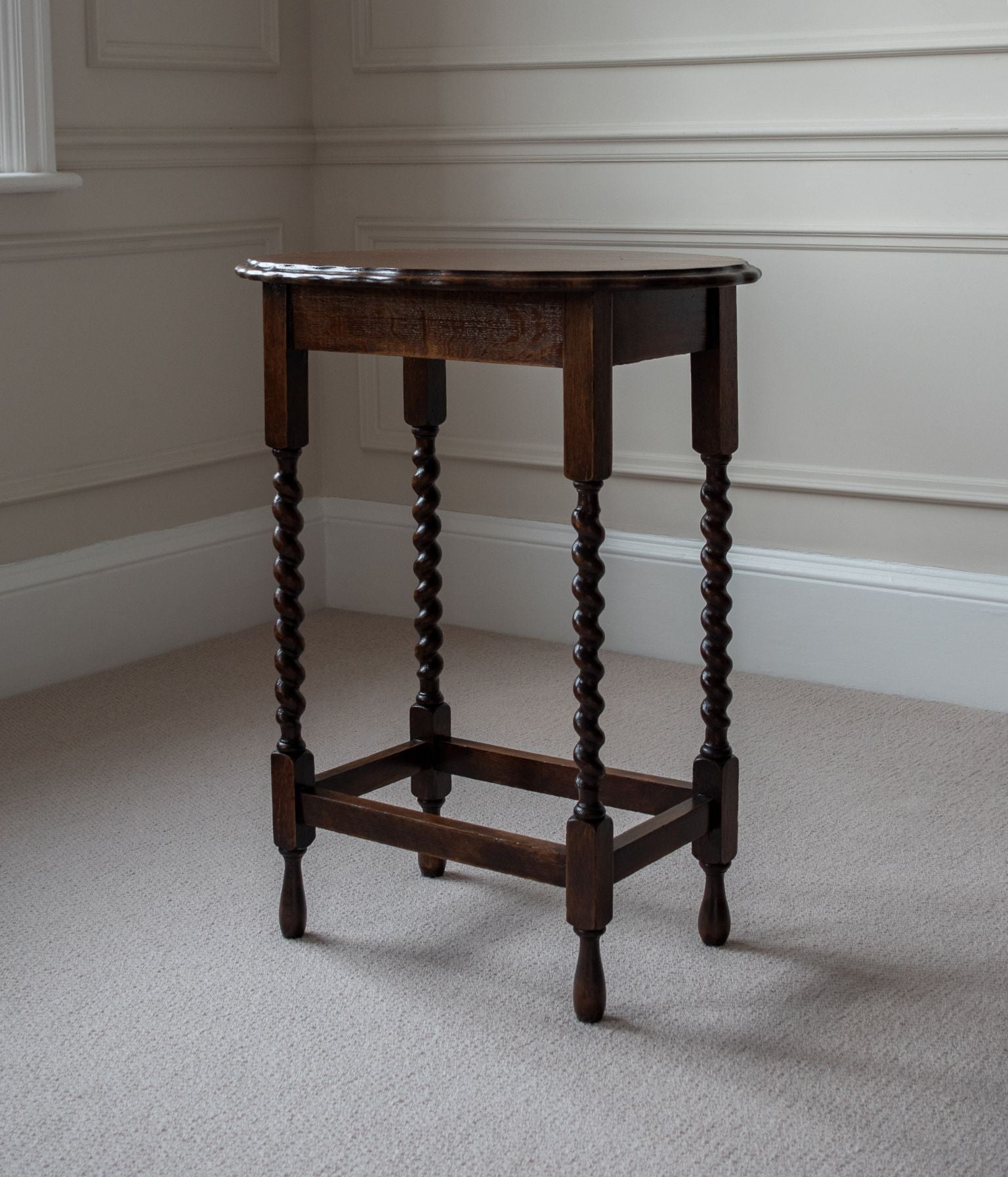 Antique Oak Barley Twist Side Table with a Scalloped Oval Top