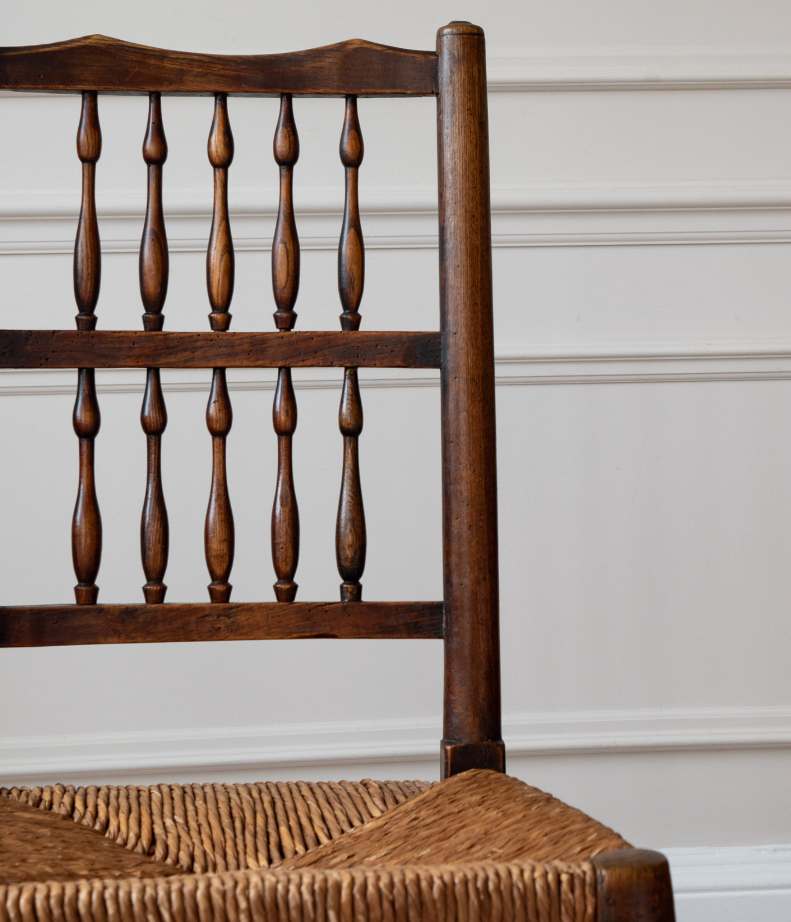 19th-Century Rush-Seated Spindle-Back Chair in Oak