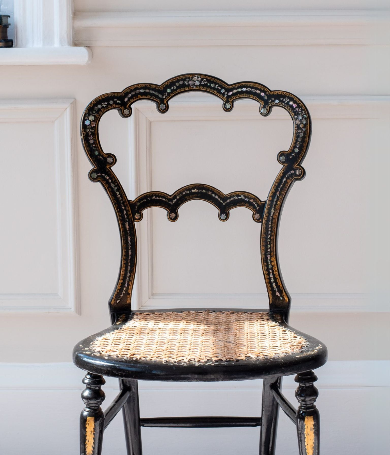Victorian Ebonised Side Chair with Scalloped Back and Mother-of-Pearl Inlay