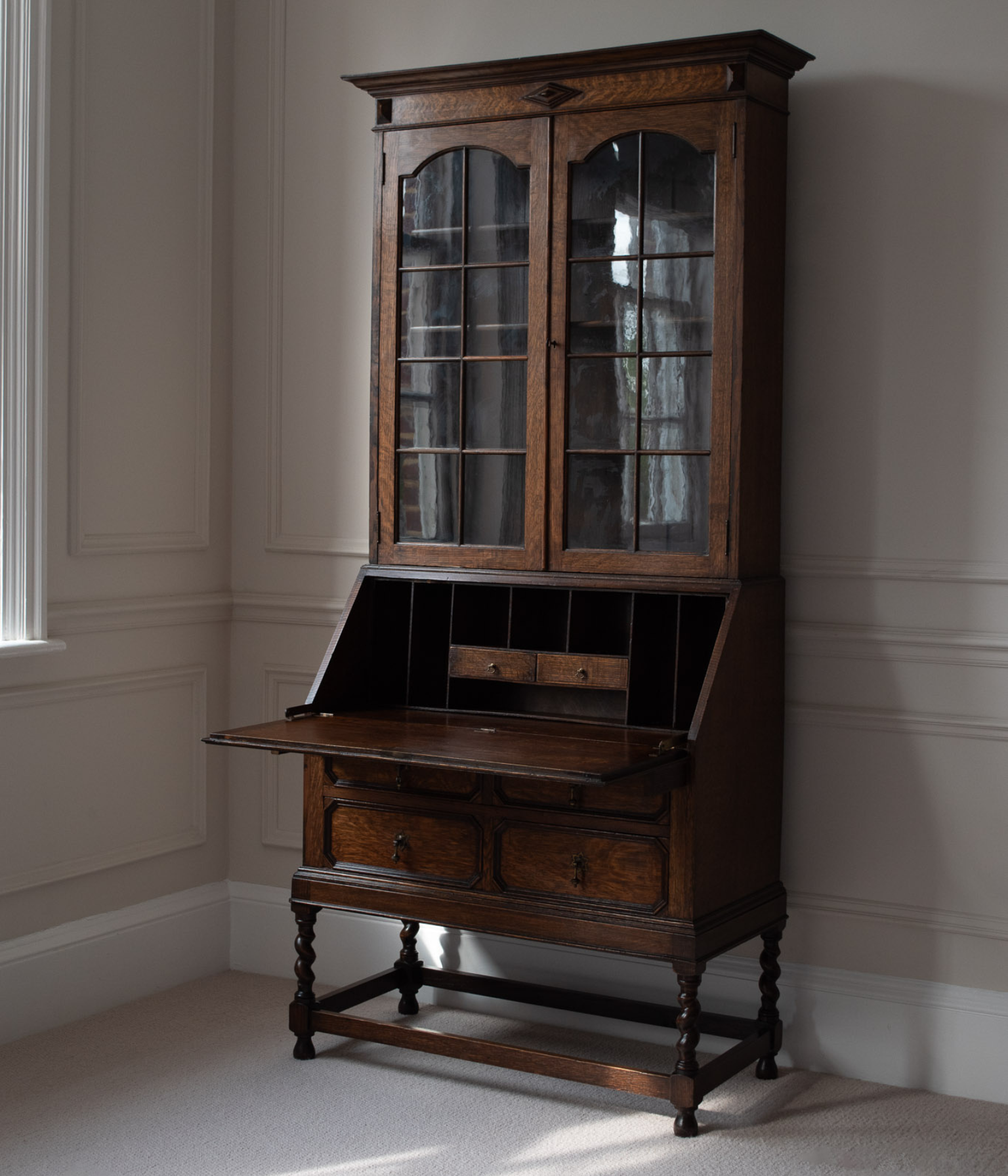 Antique Solid Oak Bureau Bookcase With Glazed Doors