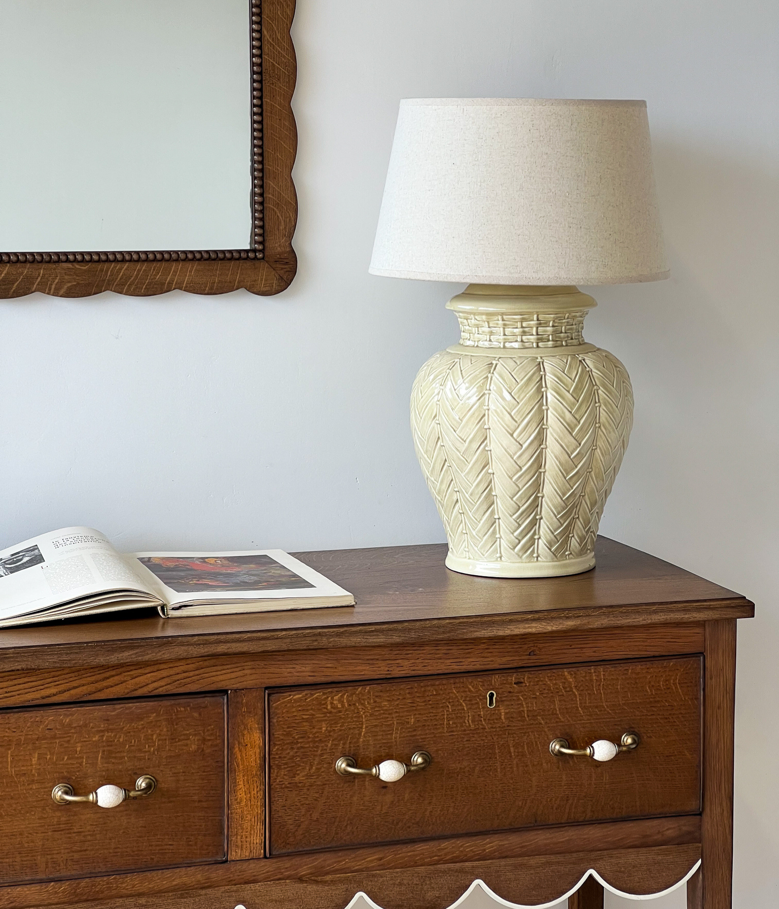Vintage Pale Mint Ceramic Basketweave Ginger Jar Table Lamp
