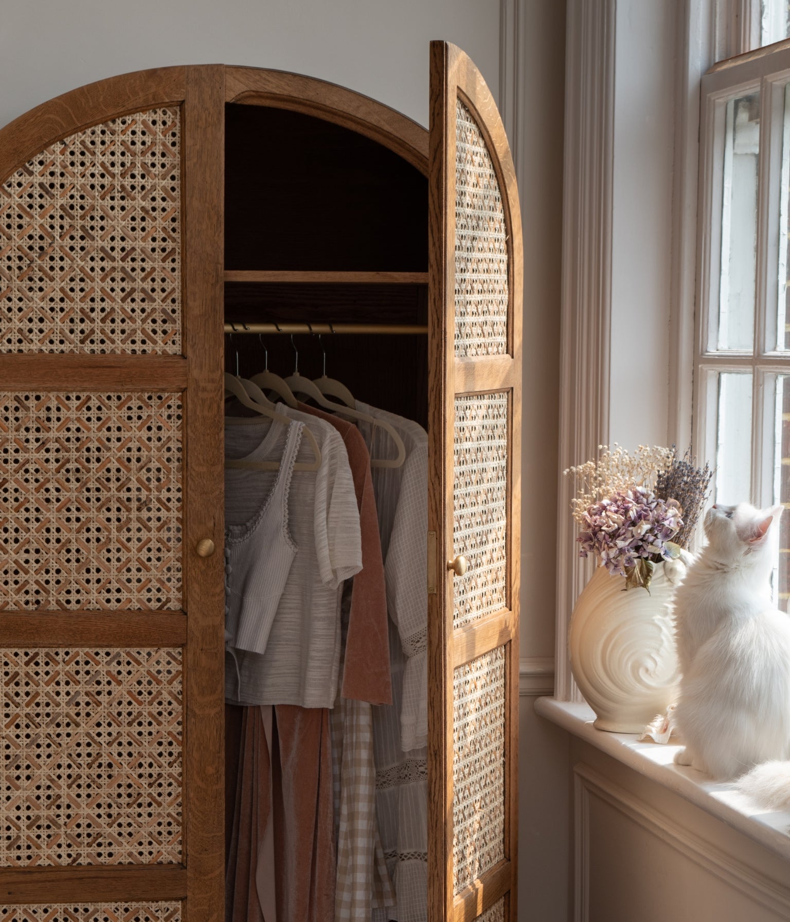 Vintage Oak Arched Wardrobe with Rattan Woven Doors In Blend #21