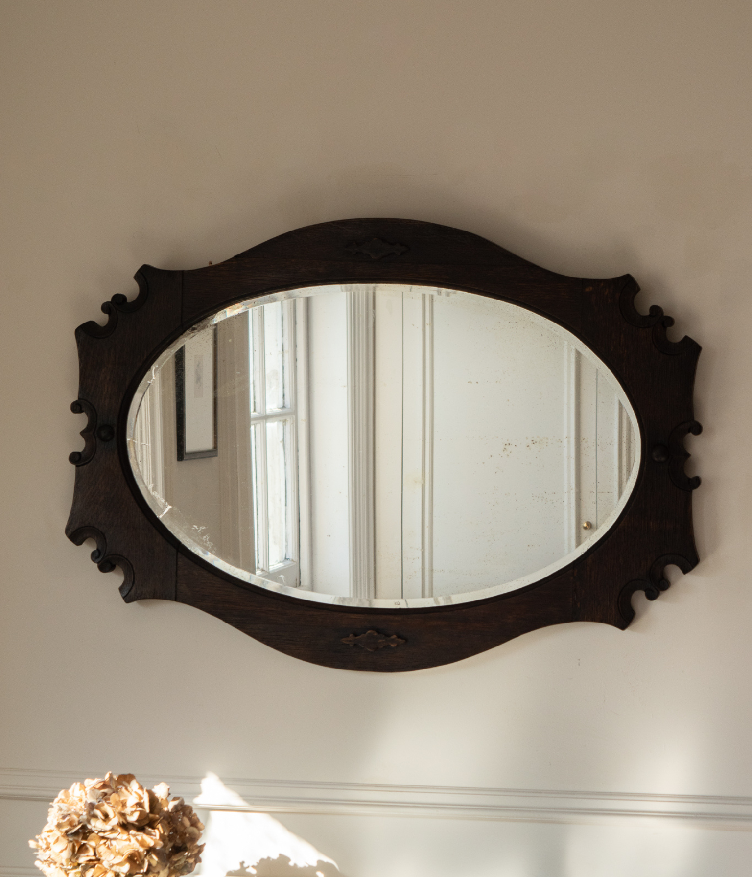 Antique Hand Carved Oak Oval Wall Mirror