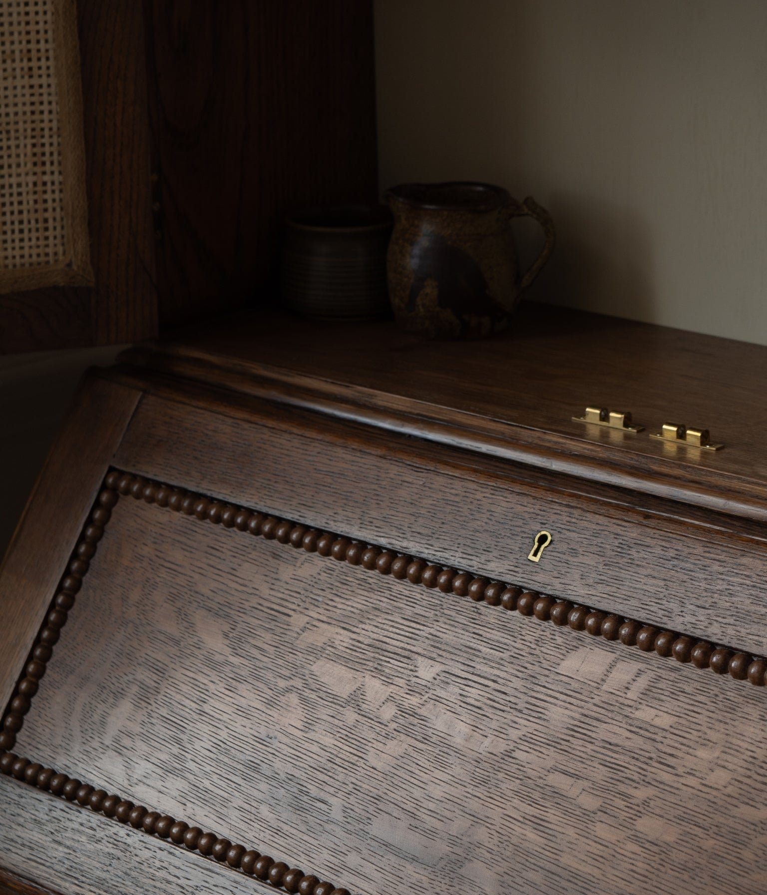 Antique Solid Oak Library Bookcase Bureau with Scalloped Edge, Bobbin Trim & Rattan Doors