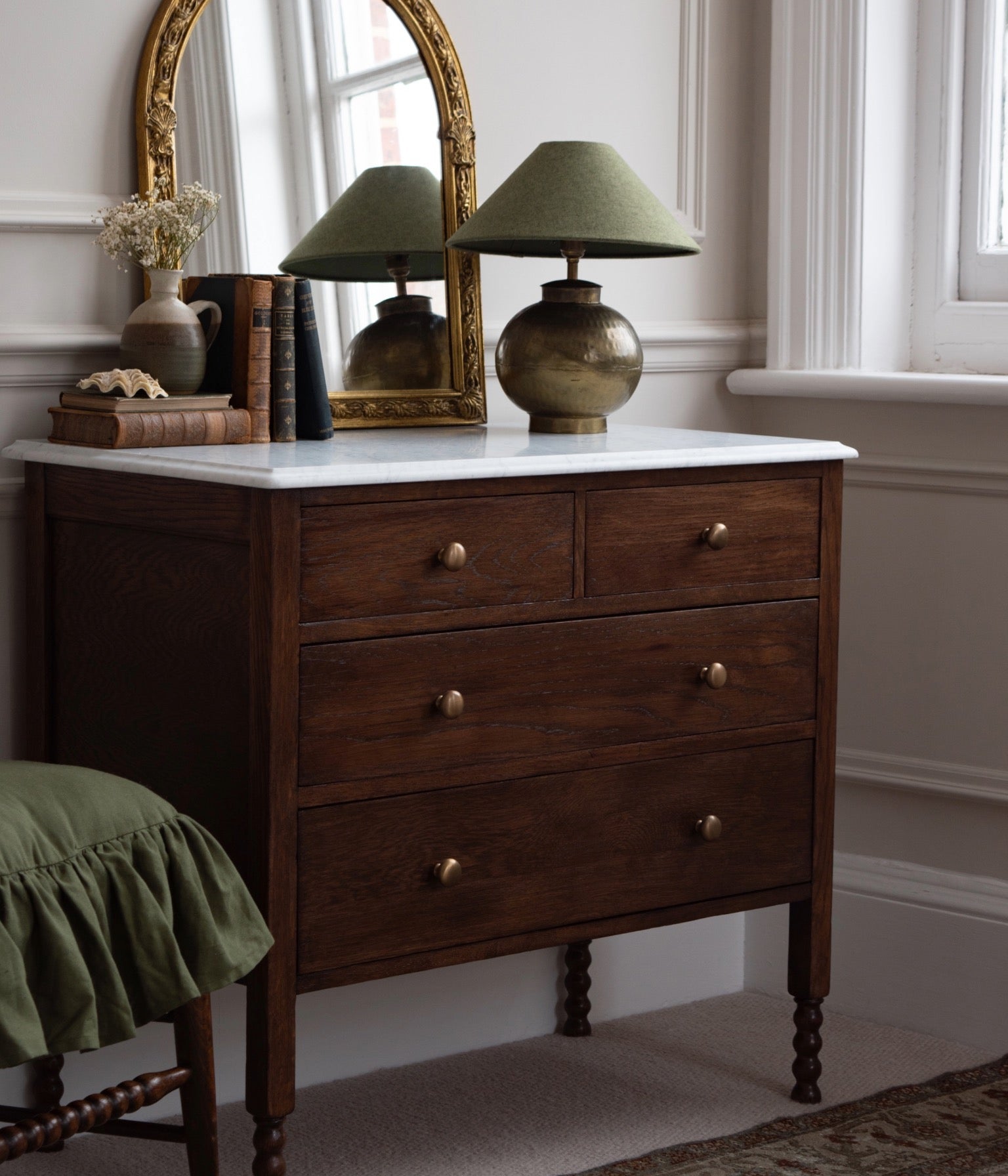 Antique Solid Oak Bobbin Chest With White Carrara Marble Top