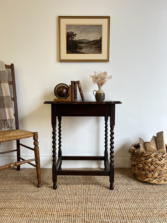 Antique Solid Oak Scalloped Side Table With Barley Twist Legs