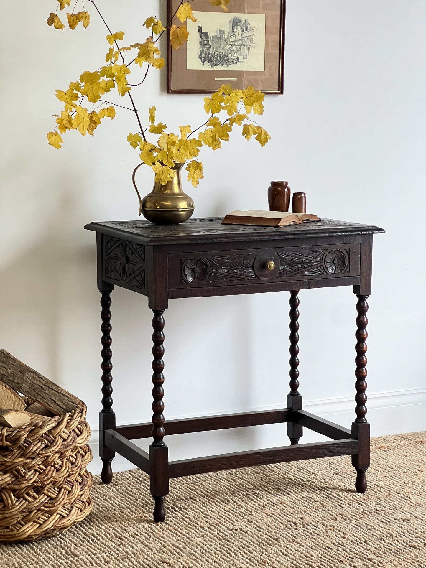 Antique Solid Oak Table with Bobbin Legs & Hand Carved Details