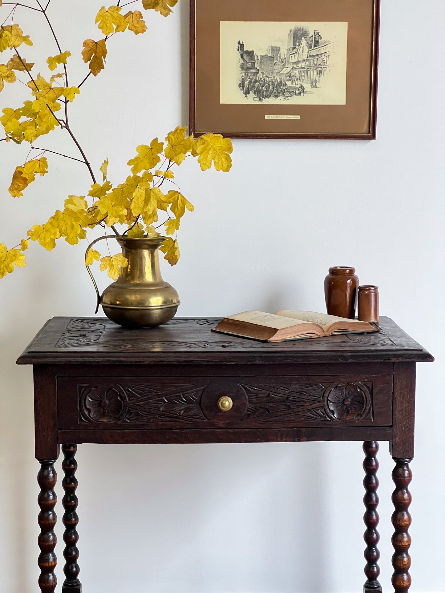 Antique Solid Oak Table with Bobbin Legs & Hand Carved Details